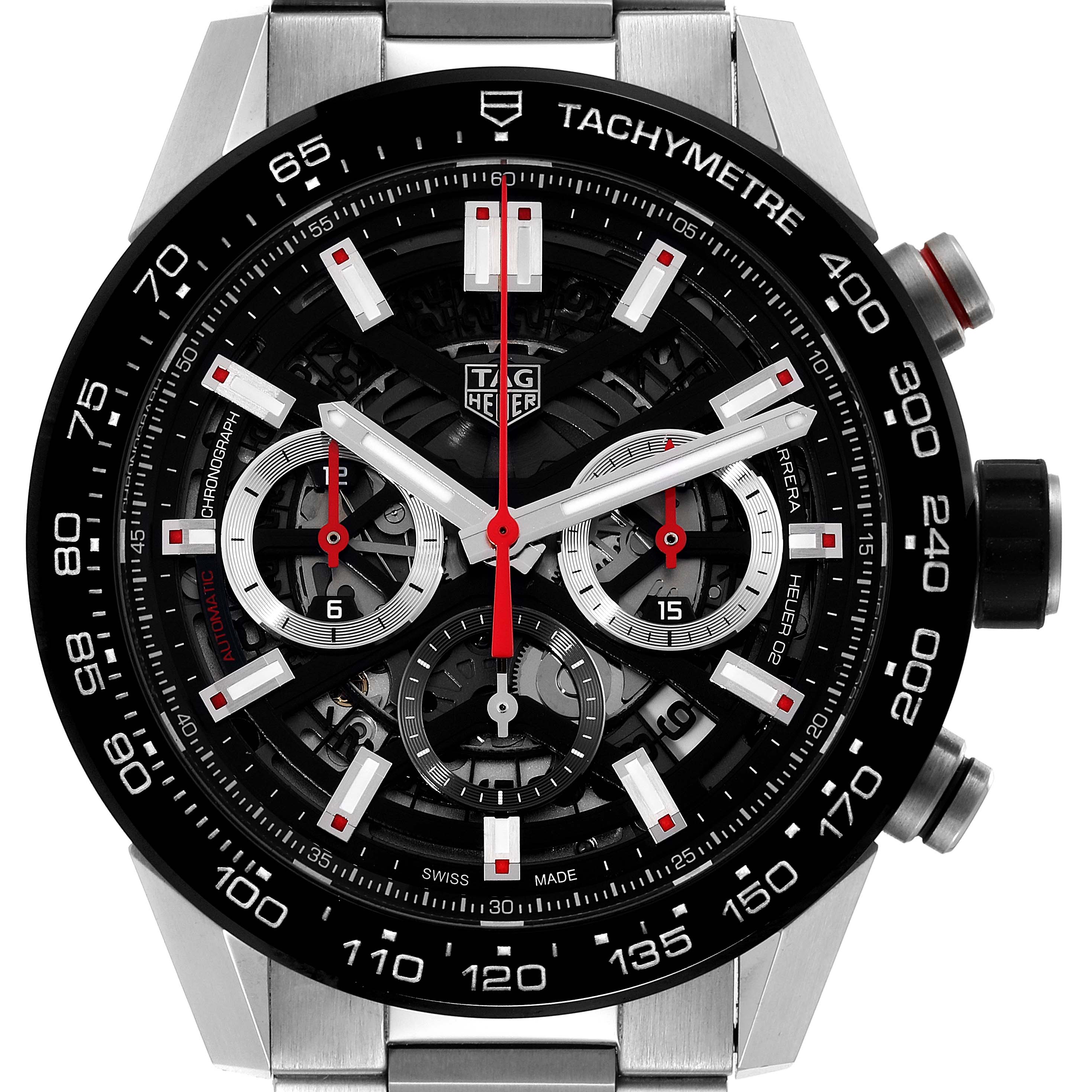 The image shows a frontal view of the Tag Heuer Carrera CBG2A10.BA0654 Men's Stainless Steel Black Dial CBG2A10.BA0654 Men's Stainless Steel Black Dial watch with its dial, tachymeter bezel, and chronograph subdials visible.