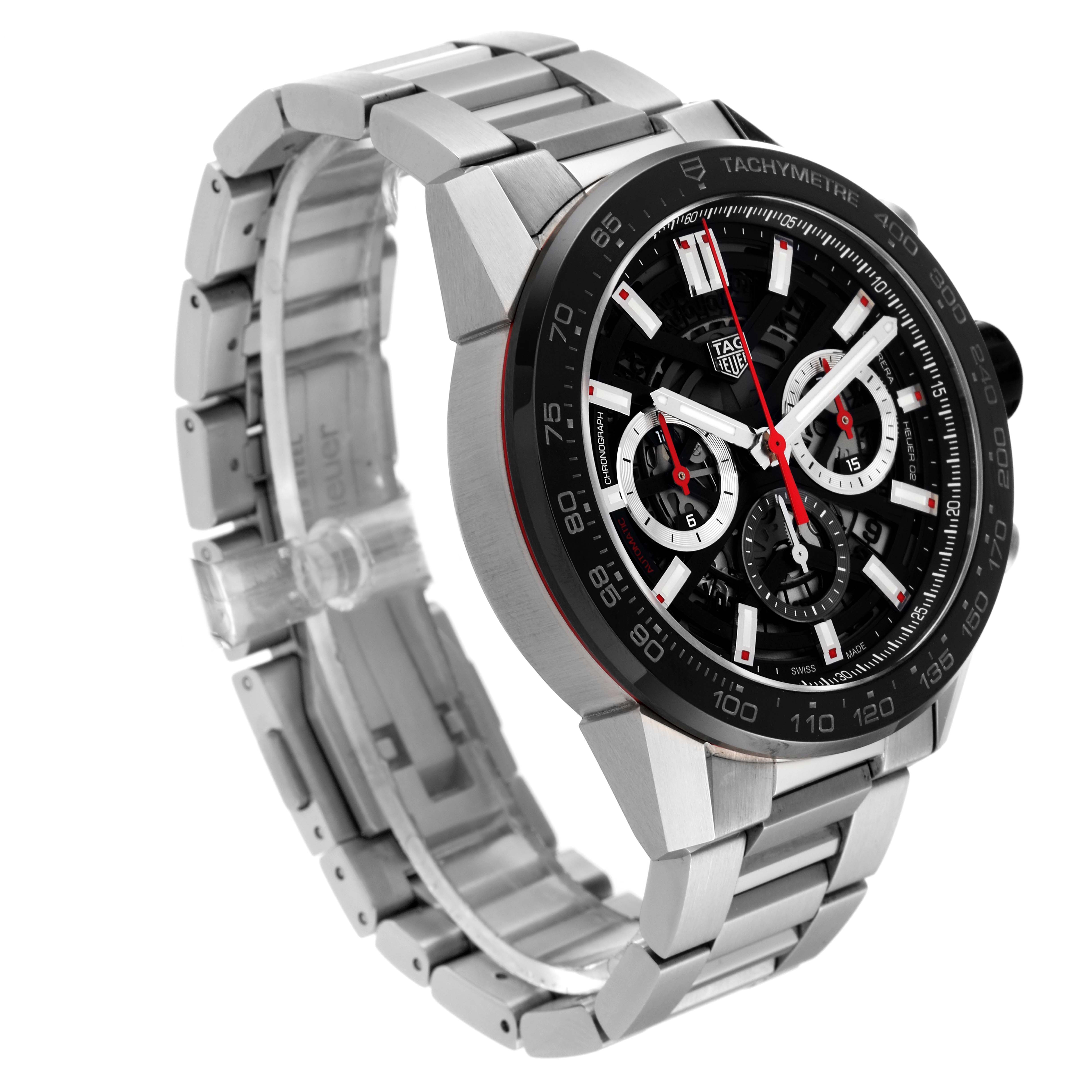 The image shows a side view of the Tag Heuer Carrera CBG2A10.BA0654 Men's Stainless Steel Black Dial CBG2A10.BA0654 Men's Stainless Steel Black Dial watch, highlighting its face, bezel, and metal bracelet.