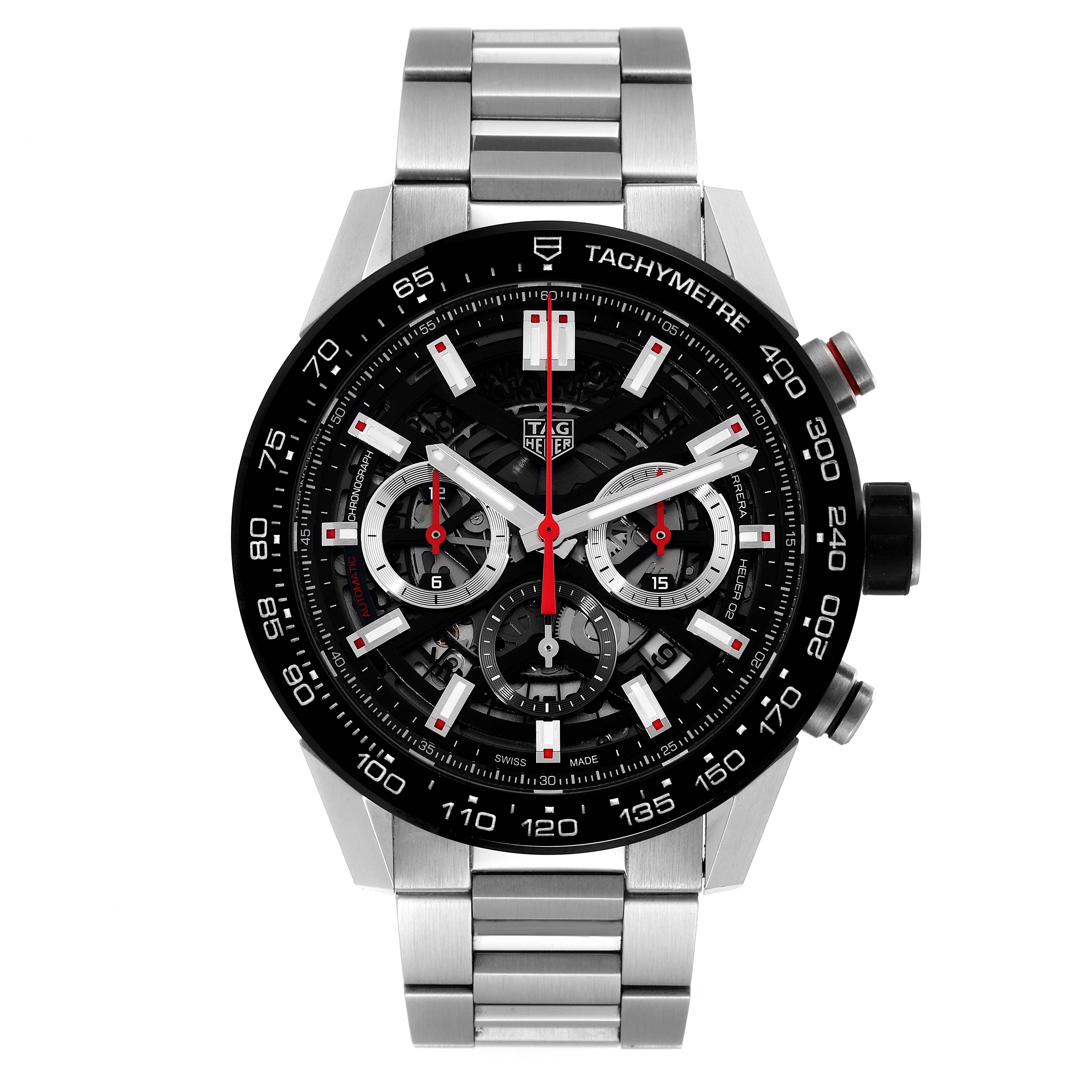 The image shows a front view of a Tag Heuer Carrera CBG2A10.BA0654 Men's Stainless Steel Black Dial CBG2A10.BA0654 Men's Stainless Steel Black Dial watch, detailing its dial, hands, subdials, bezel, buttons, and metallic strap.