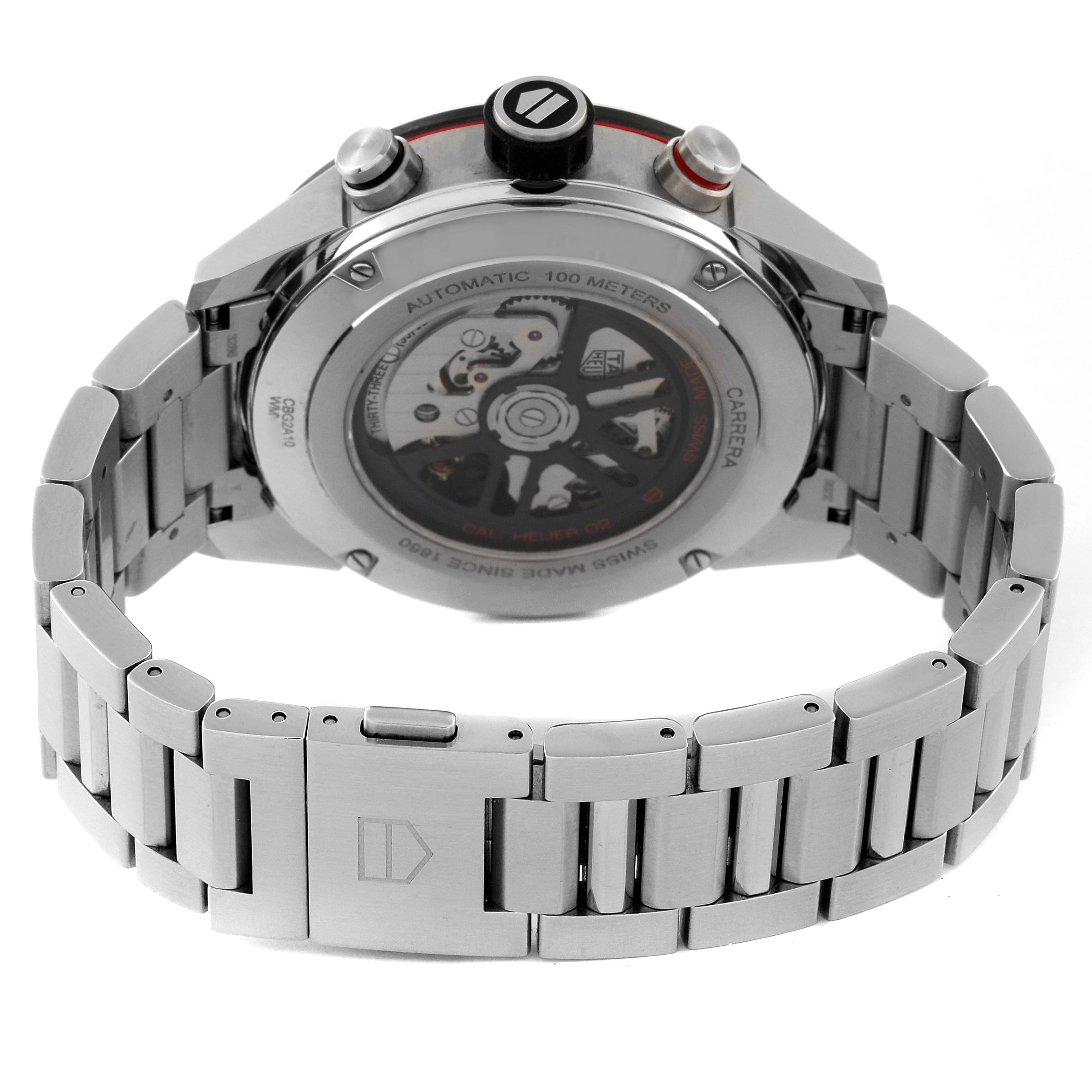 The image shows the back view of a Tag Heuer Carrera CBG2A10.BA0654 Men's Stainless Steel Black Dial CBG2A10.BA0654 Men's Stainless Steel Black Dial watch, highlighting its automatic movement and stainless steel bracelet.