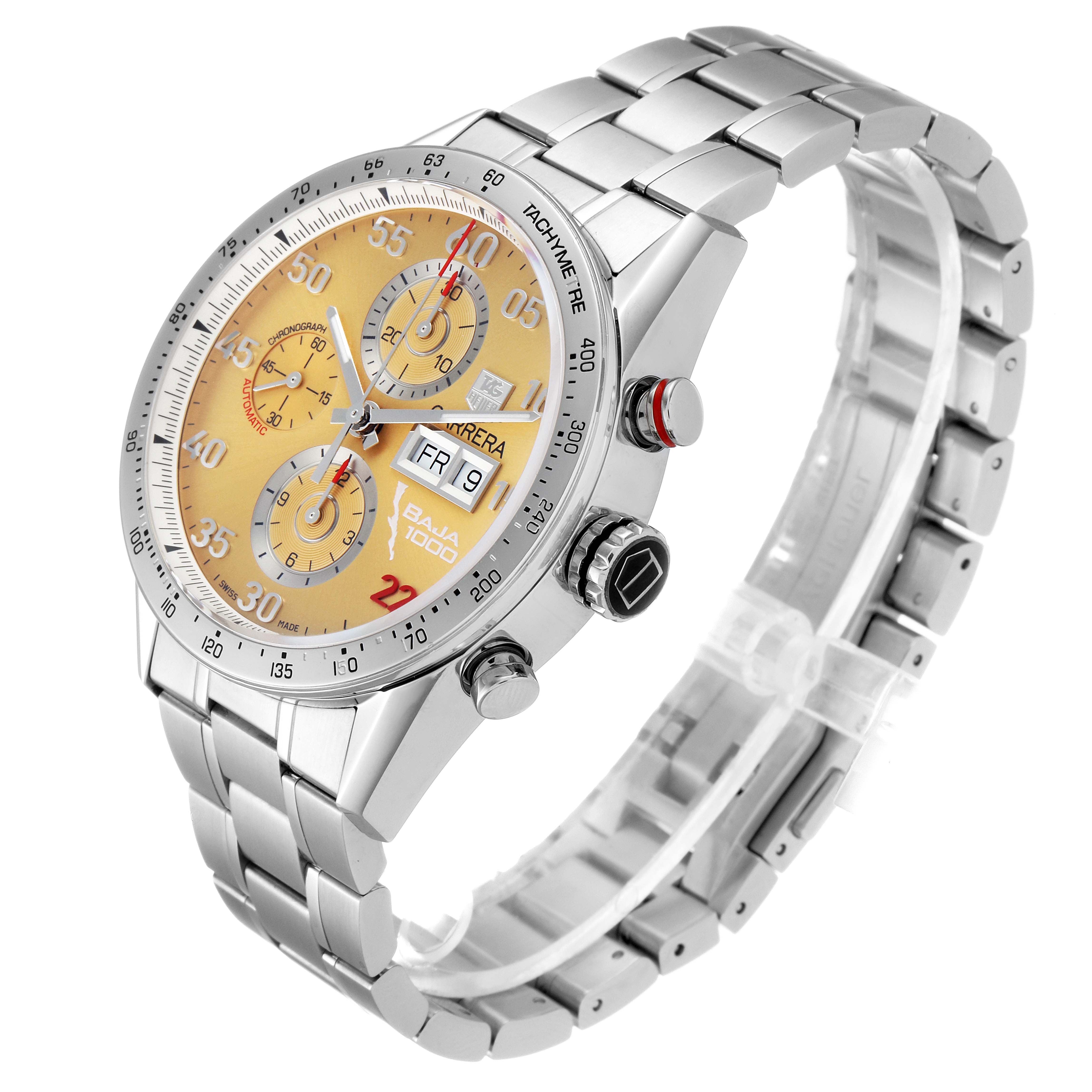 The image shows a side and front angle of the Tag Heuer Carrera CV2A1H Men's Stainless Steel Champagne Dial CV2A1H Men's Stainless Steel Champagne Dial watch, highlighting the dial, bezel, chronograph, and metal bracelet.