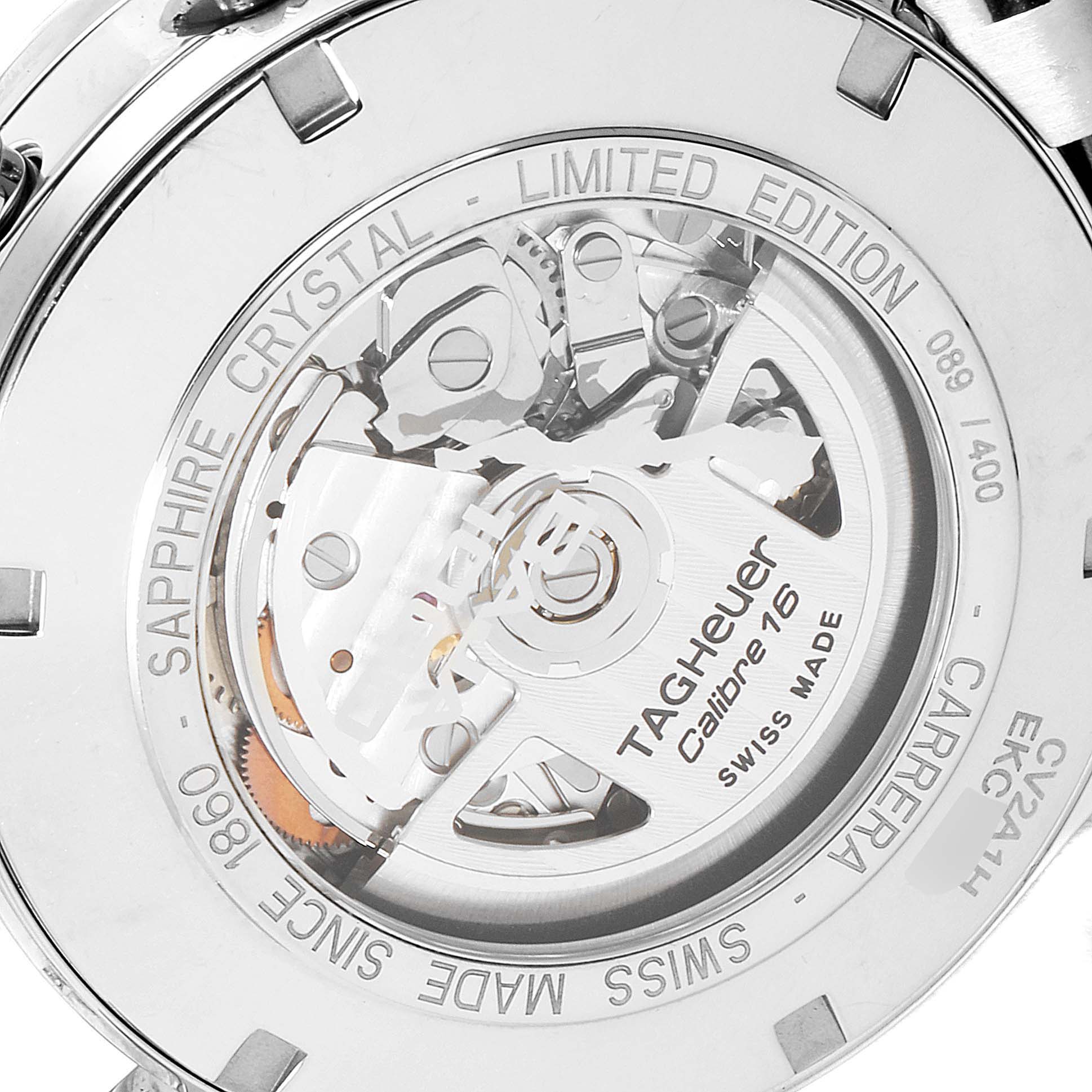 The image shows the back of a Tag Heuer Carrera CV2A1H Men's Stainless Steel Champagne Dial CV2A1H Men's Stainless Steel Champagne Dial watch, revealing the Calibre 16 movement through the sapphire crystal case back.