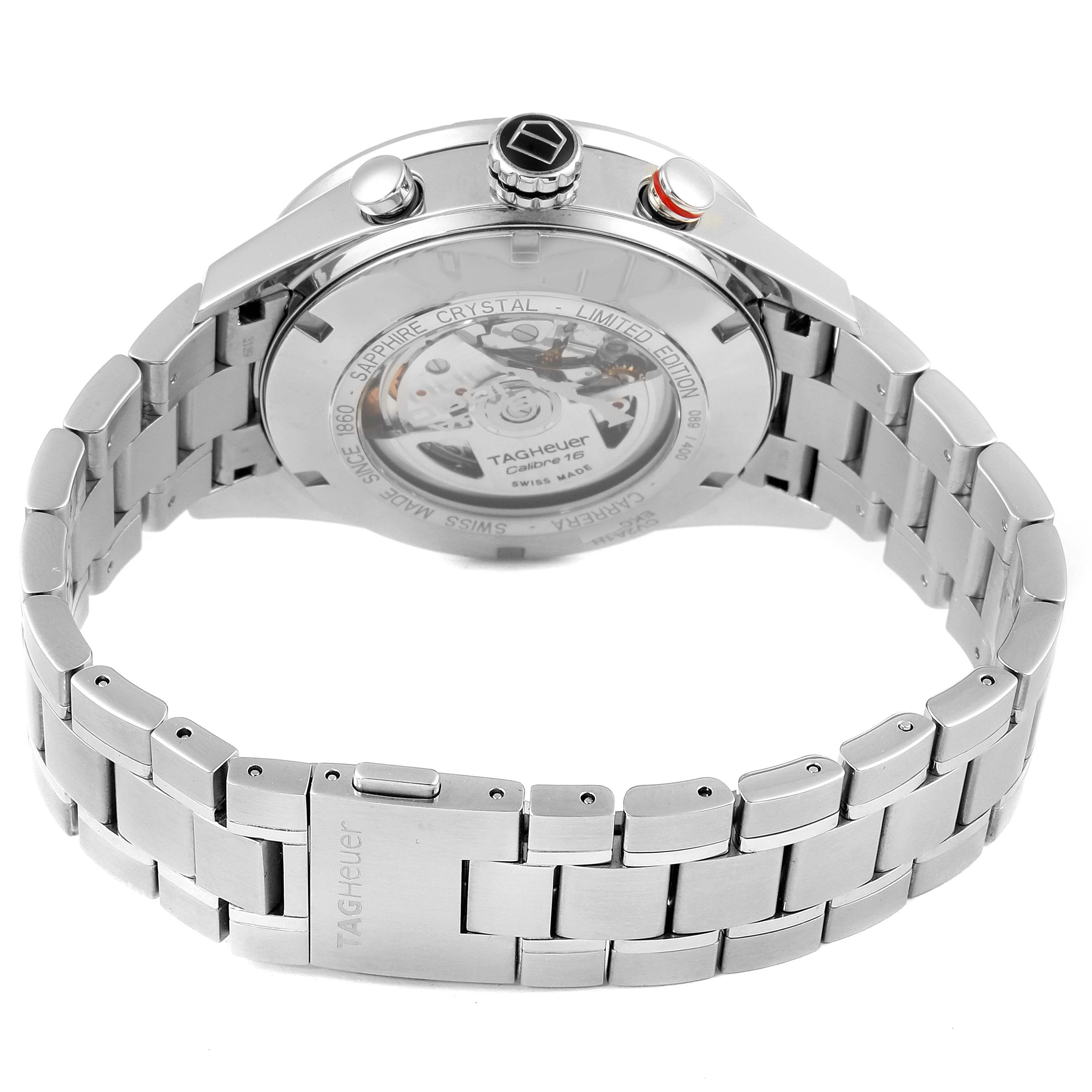 The image shows the back view and side profile of a Tag Heuer Carrera CV2A1H Men's Stainless Steel Champagne Dial CV2A1H Men's Stainless Steel Champagne Dial watch, highlighting the case back, crown, and bracelet.