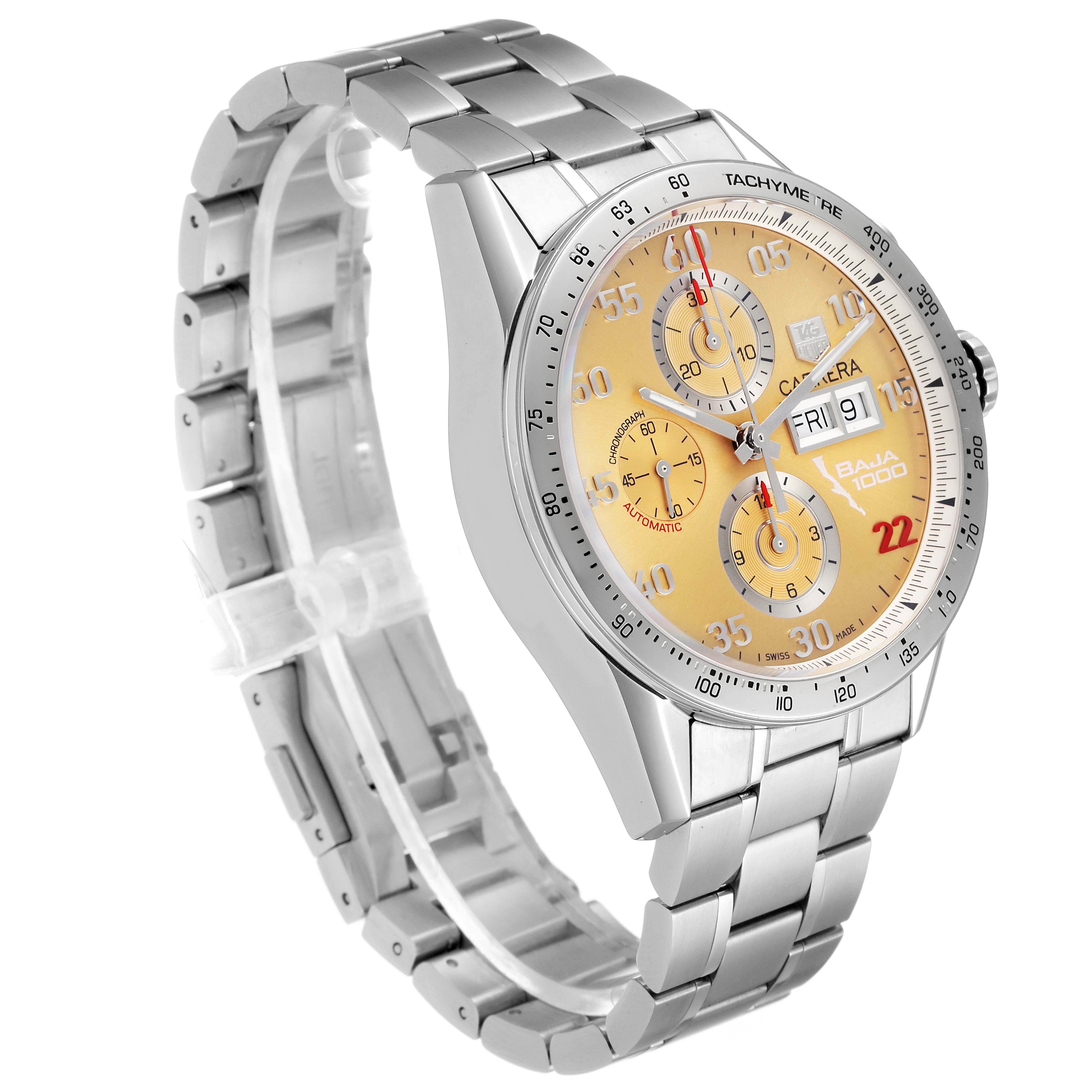 The image shows a side angle view of the Tag Heuer Carrera CV2A1H Men's Stainless Steel Champagne Dial CV2A1H Men's Stainless Steel Champagne Dial watch, highlighting the face, bezel, and metallic bracelet.