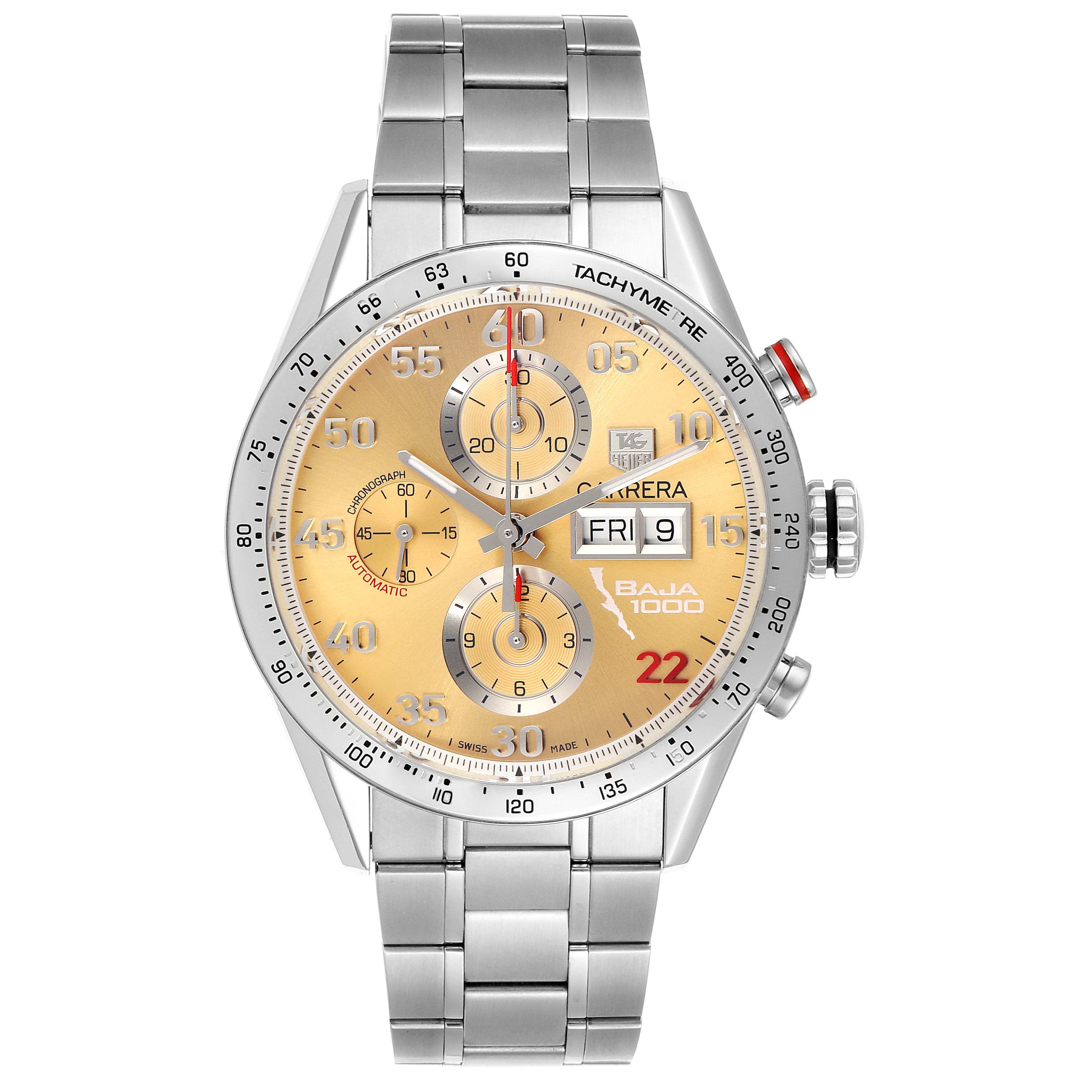 The image shows a front view of a Tag Heuer Carrera CV2A1H Men's Stainless Steel Champagne Dial CV2A1H Men's Stainless Steel Champagne Dial Baja 1000 model watch with a silver bracelet and a gold-toned dial.