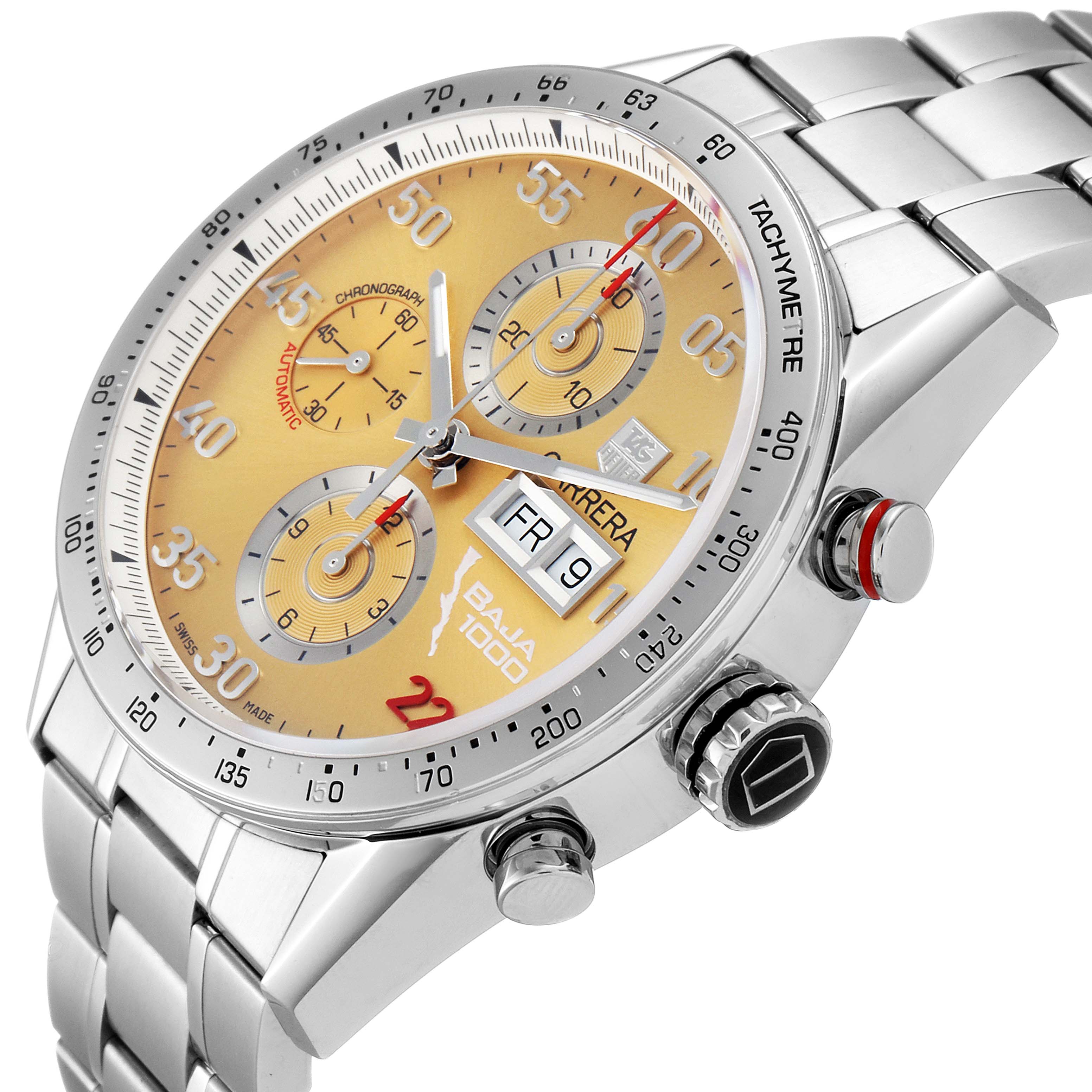 The image shows a detailed close-up of the Tag Heuer Carrera CV2A1H Men's Stainless Steel Champagne Dial CV2A1H Men's Stainless Steel Champagne Dial watch, highlighting its face, bezel, and metal bracelet band.