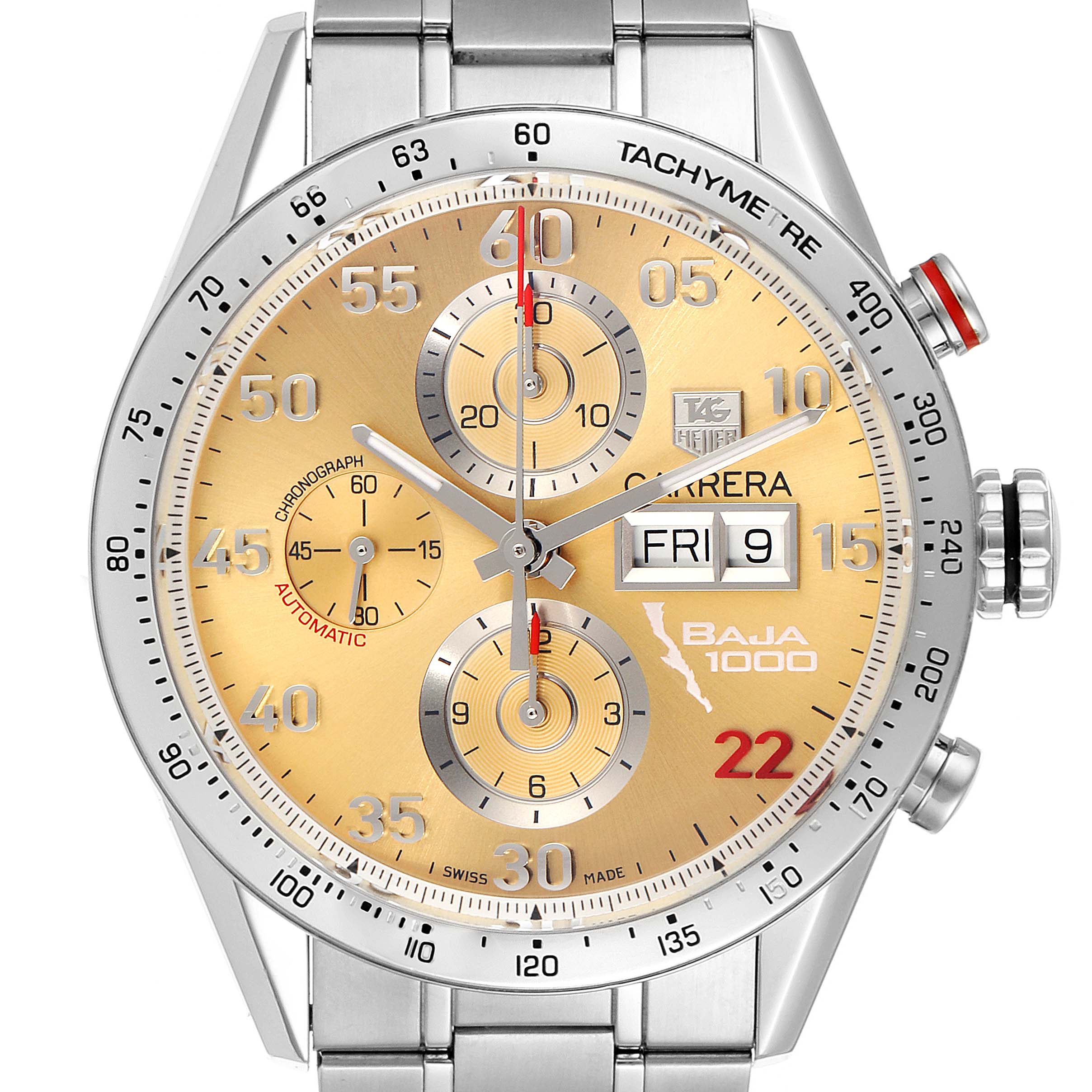 The image shows a frontal view of a Tag Heuer Carrera CV2A1H Men's Stainless Steel Champagne Dial CV2A1H Men's Stainless Steel Champagne Dial watch, highlighting its dial, bezel, and chronograph functions.