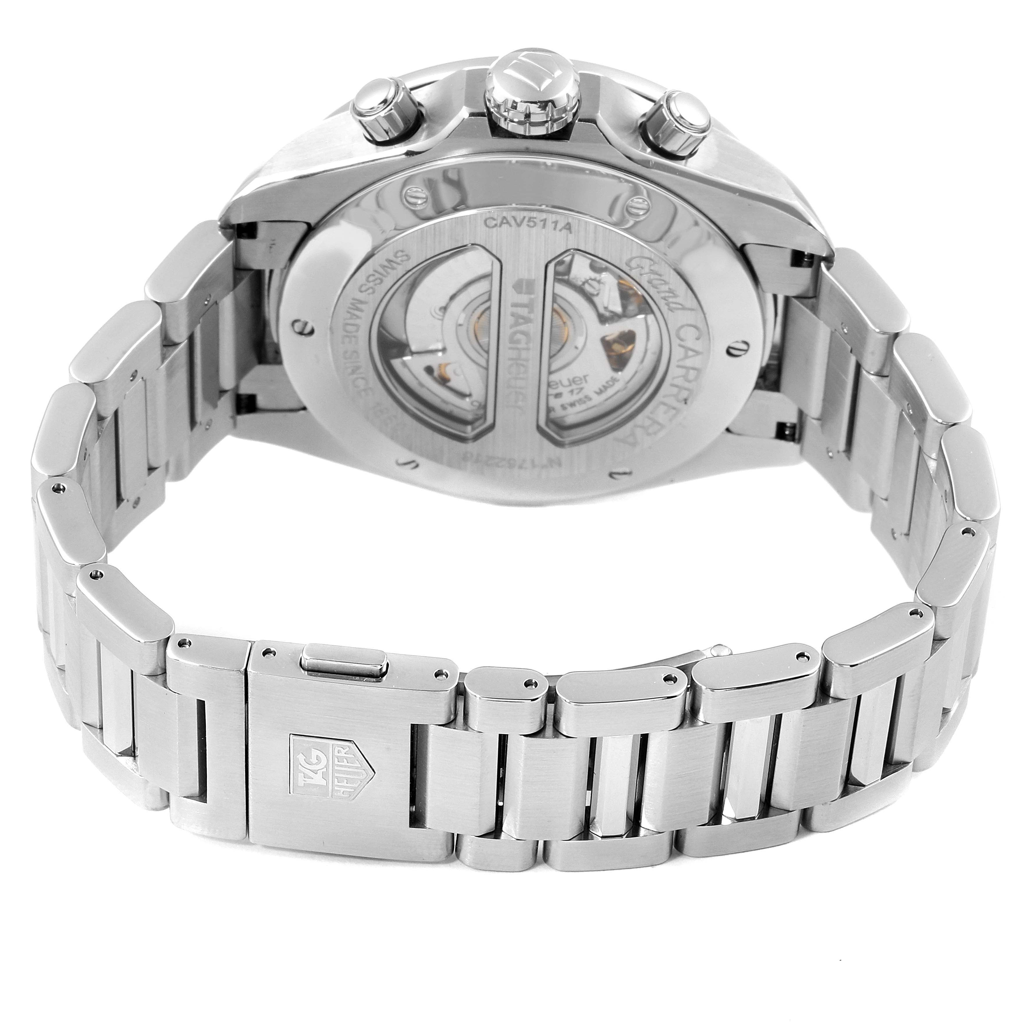 The image shows the Tag Heuer Carrera CAV511A Men
s Stainless Steel Black Dial CAV511A Men
s Stainless Steel Black Dial watch from the back, highlighting its metal band and exposed movement.