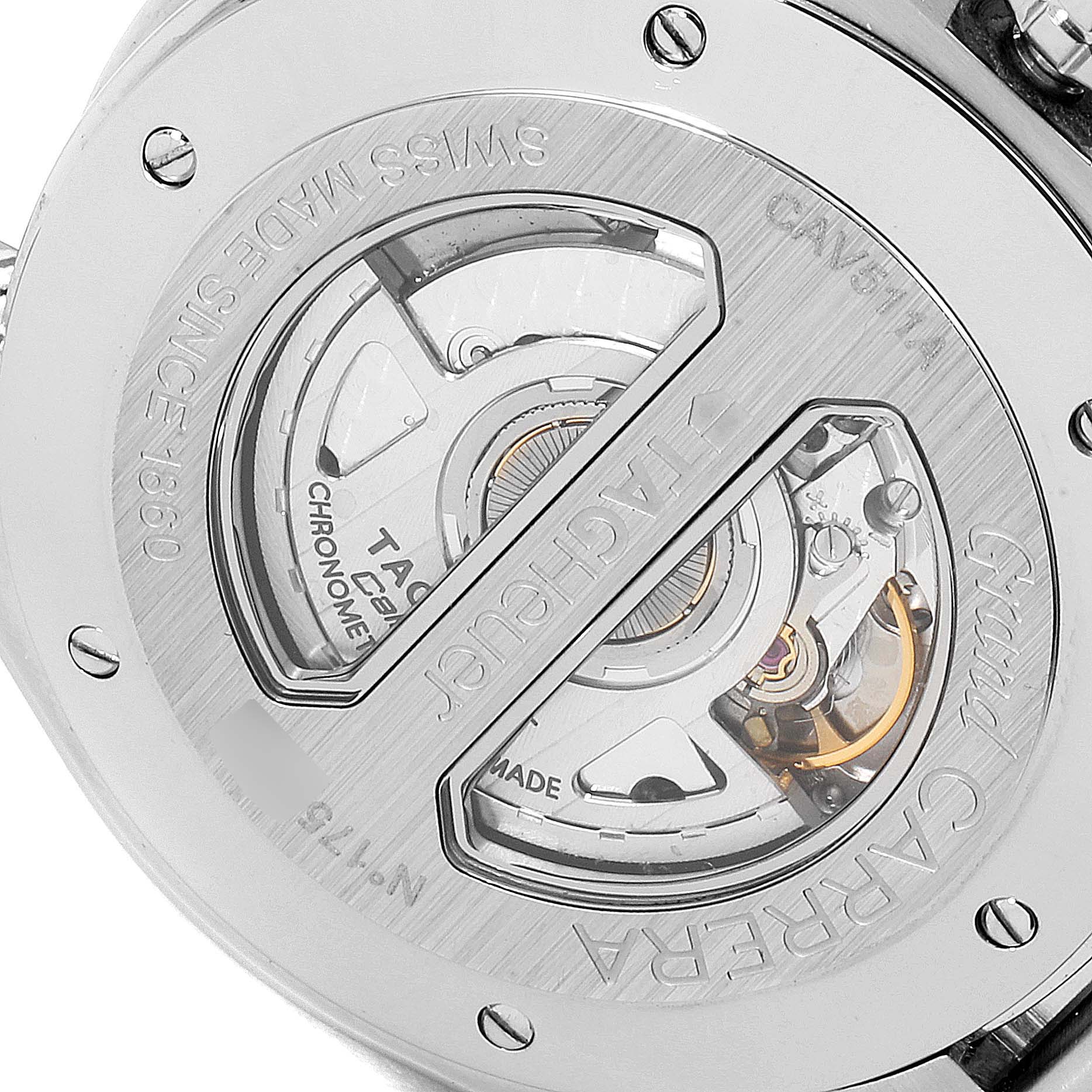 This image shows the back view of the Tag Heuer Carrera CAV511A Men
s Stainless Steel Black Dial CAV511A Men
s Stainless Steel Black Dial watch, revealing its internal mechanical movements and "Swiss Made" engravings.