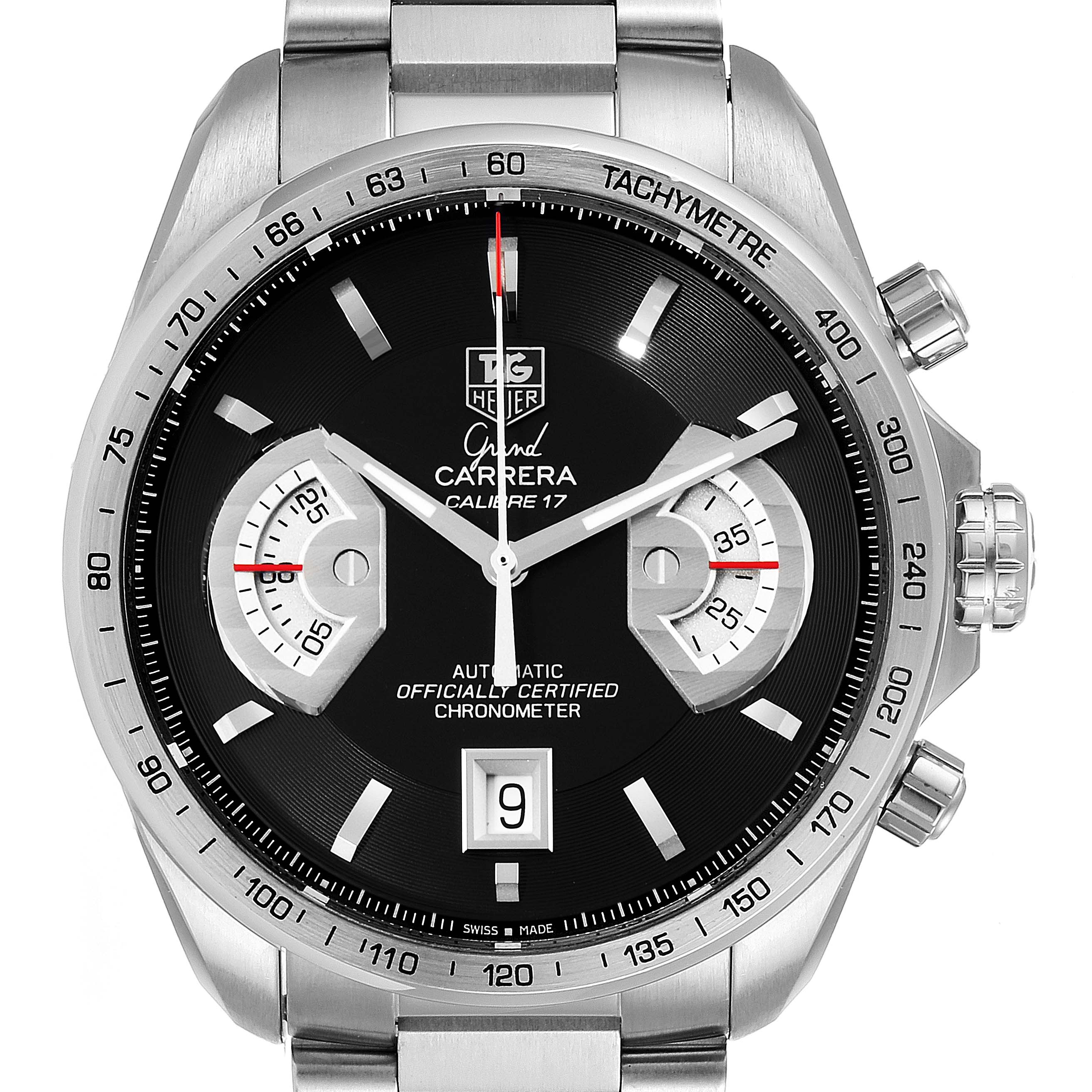 The Tag Heuer Carrera CAV511A Men
s Stainless Steel Black Dial CAV511A Men
s Stainless Steel Black Dial watch is shown from the front, highlighting the dial, chronograph subdials, and tachymeter bezel.
