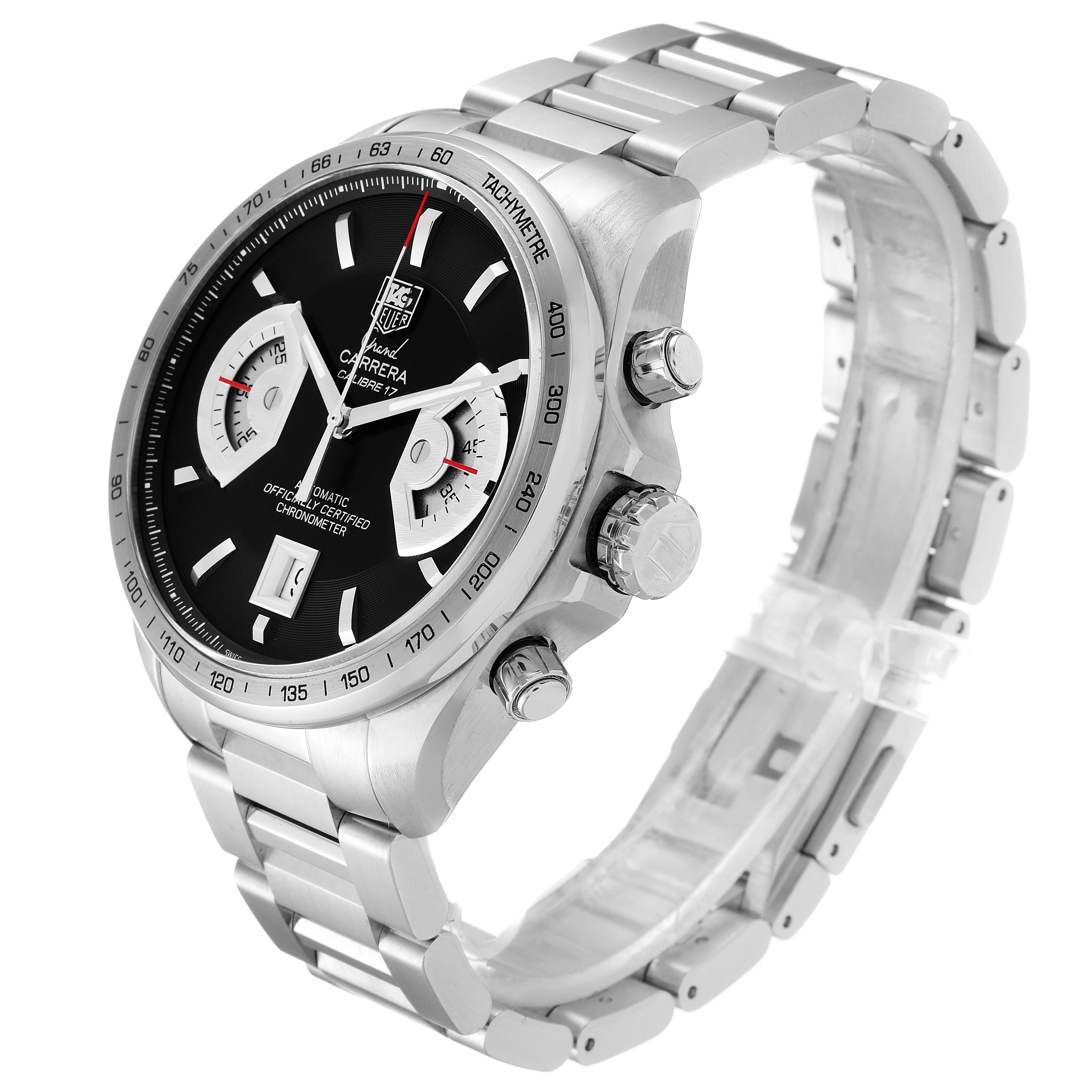 The image shows a side angle of a Tag Heuer Carrera CAV511A Men
s Stainless Steel Black Dial CAV511A Men
s Stainless Steel Black Dial watch, displaying its face, bezel, chronograph buttons, and metal bracelet.