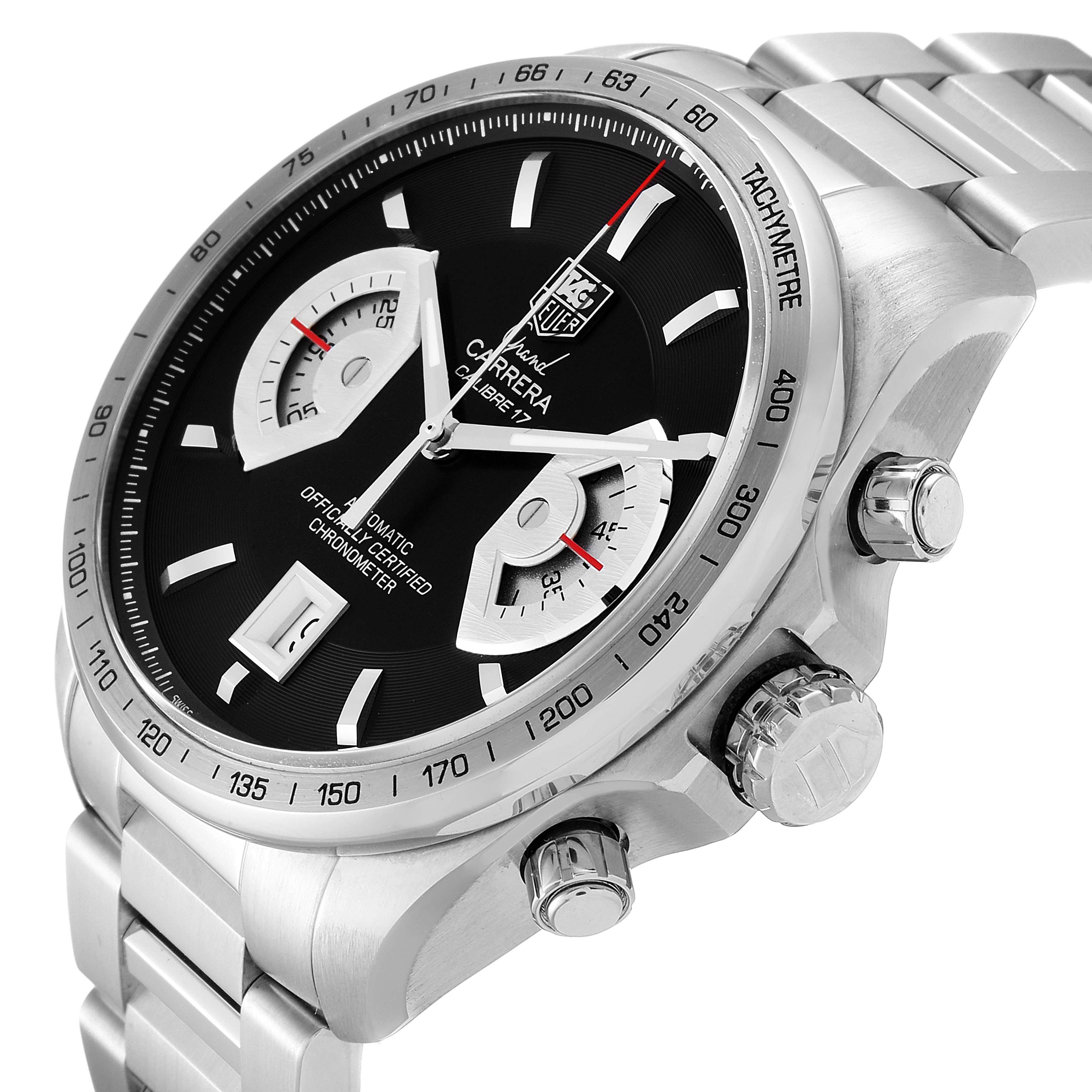 The Tag Heuer Carrera CAV511A Men
s Stainless Steel Black Dial CAV511A Men
s Stainless Steel Black Dial watch is shown from a three-quarter angle highlighting the face, crown, pushers, and part of the bracelet.