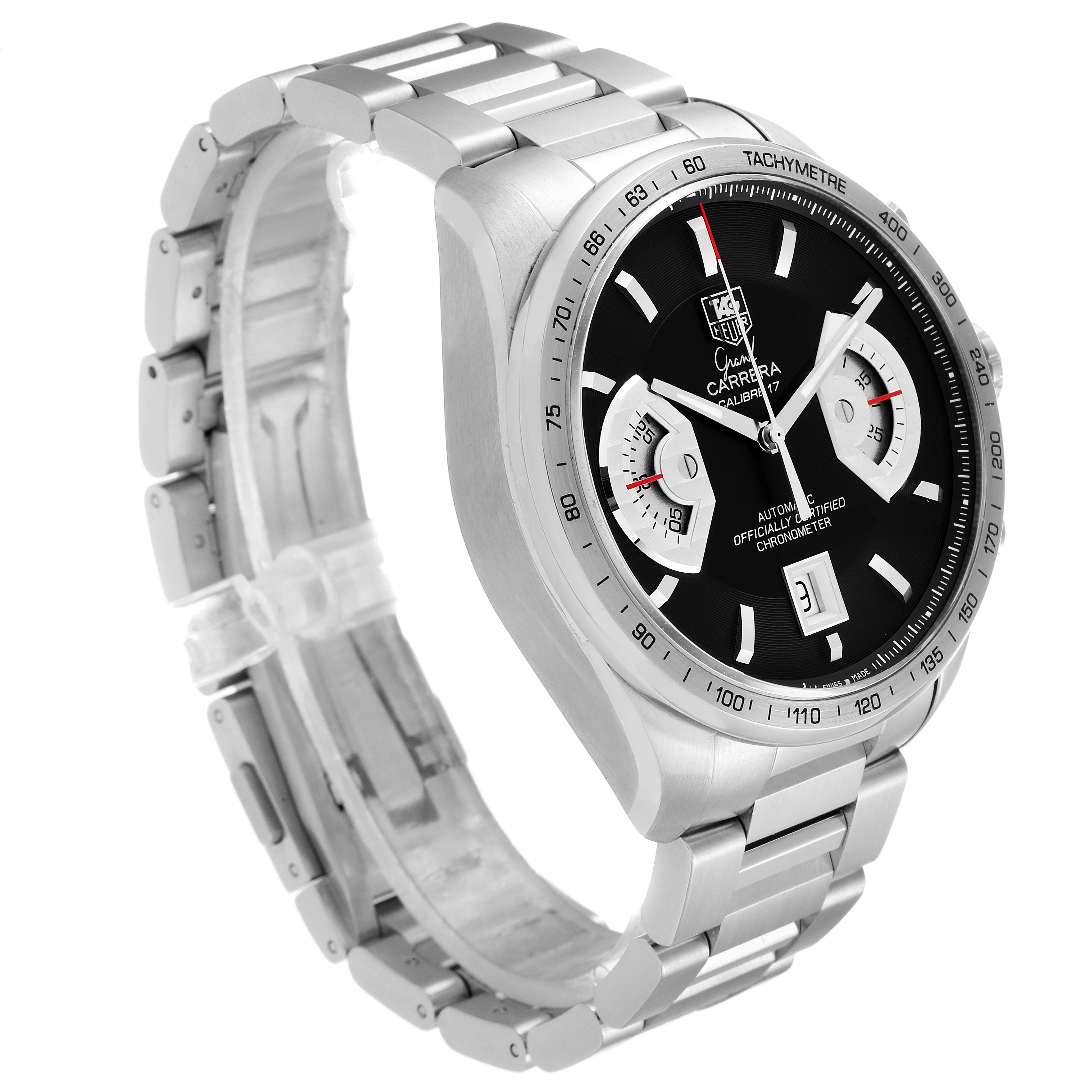 The Tag Heuer Carrera CAV511A Men
s Stainless Steel Black Dial CAV511A Men
s Stainless Steel Black Dial watch is shown at an oblique angle, highlighting its stainless steel bracelet and black dial with white sub-dials.