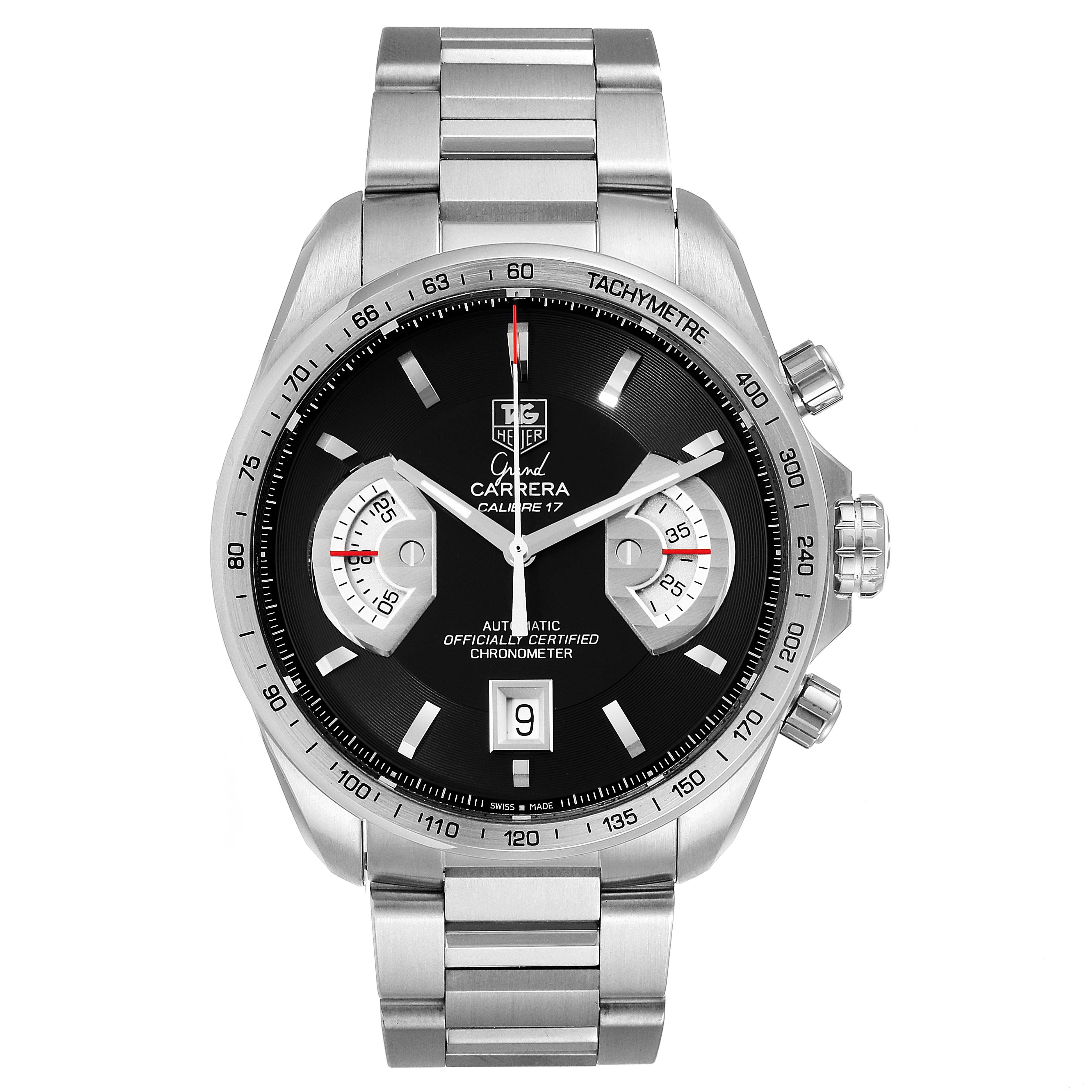 The Tag Heuer Carrera CAV511A Men
s Stainless Steel Black Dial CAV511A Men
s Stainless Steel Black Dial watch is shown from a front angle, highlighting its face, bezel, crown, and metal bracelet.