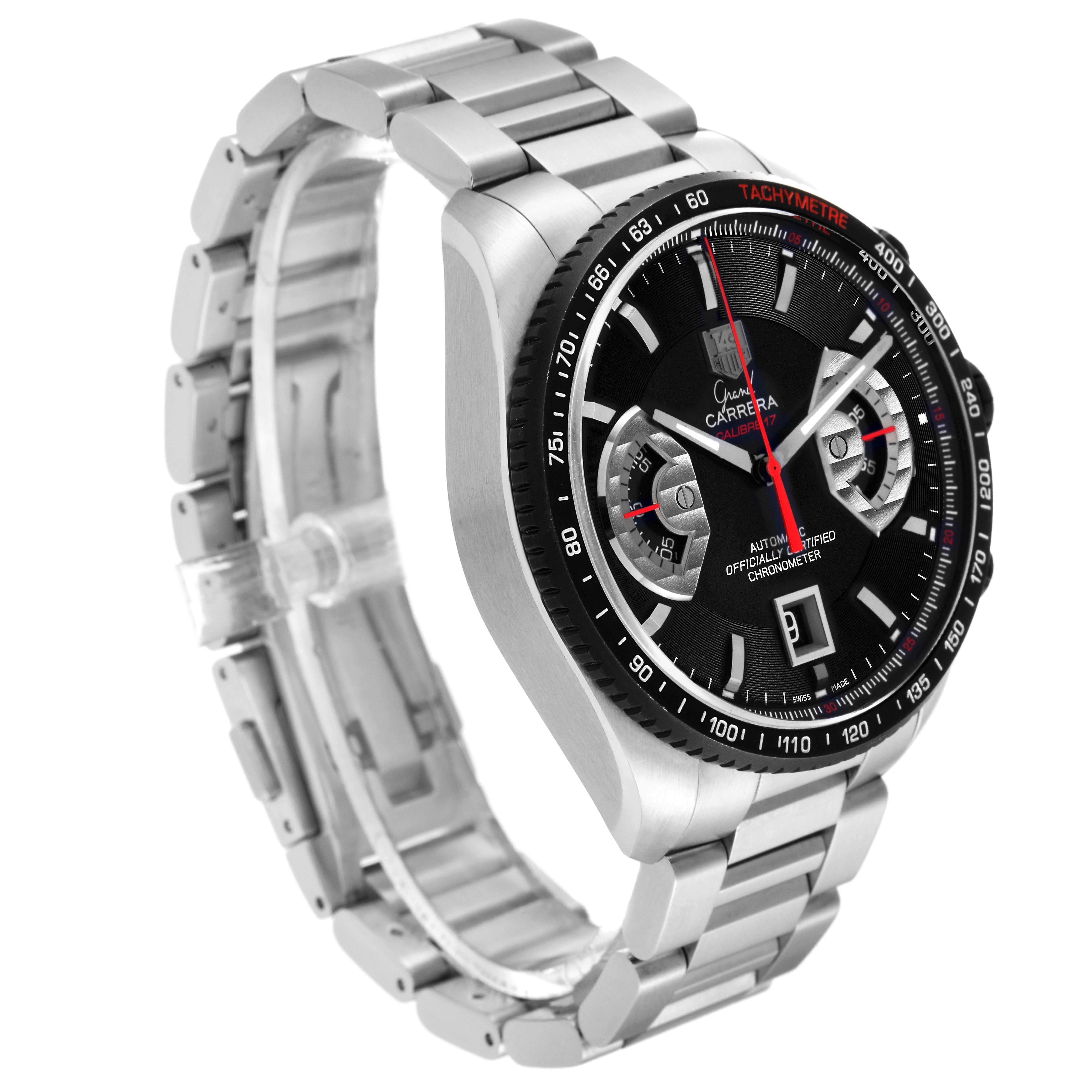 The image shows a Tag Heuer Carrera CAV511C.BA0904 Men's Stainless Steel Black Dial CAV511C.BA0904 Men's Stainless Steel Black Dial watch angled to display the face, bracelet, and side profile.