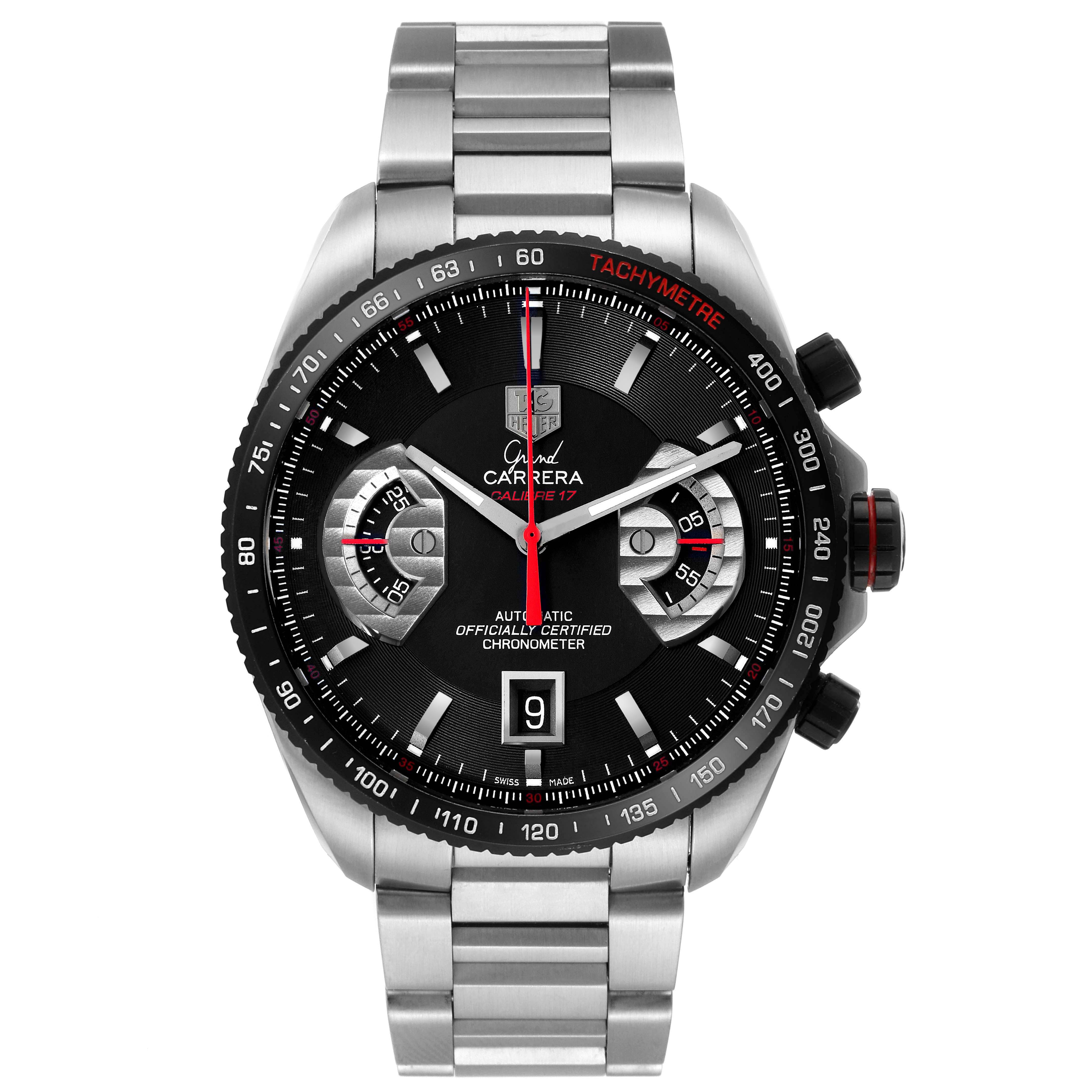 This is a front view of the Tag Heuer Carrera CAV511C.BA0904 Men's Stainless Steel Black Dial CAV511C.BA0904 Men's Stainless Steel Black Dial watch, showing the face, bezel, and metal bracelet.