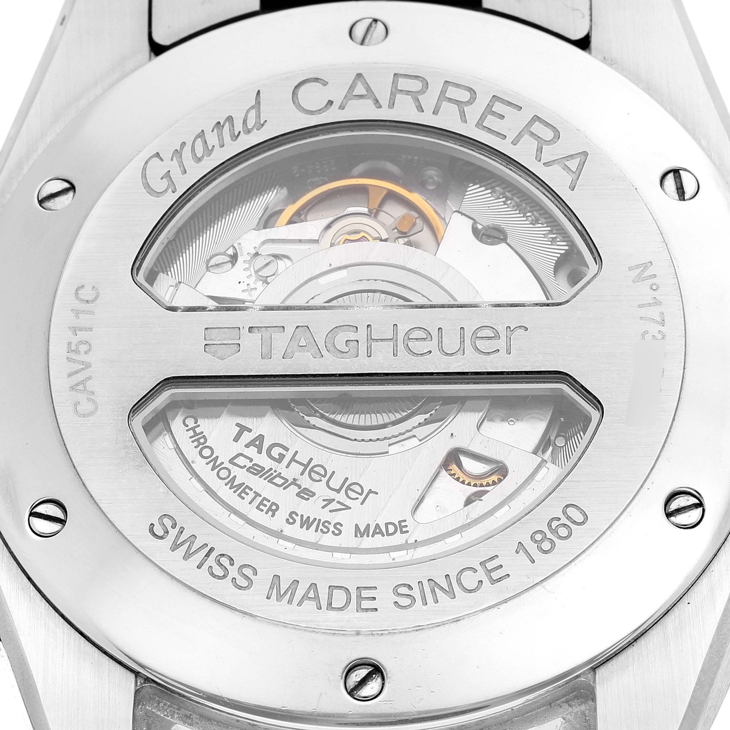 This image shows the clear back of a Tag Heuer Carrera CAV511C.BA0904 Men's Stainless Steel Black Dial CAV511C.BA0904 Men's Stainless Steel Black Dial Grand Carrera model, revealing its inner mechanisms.