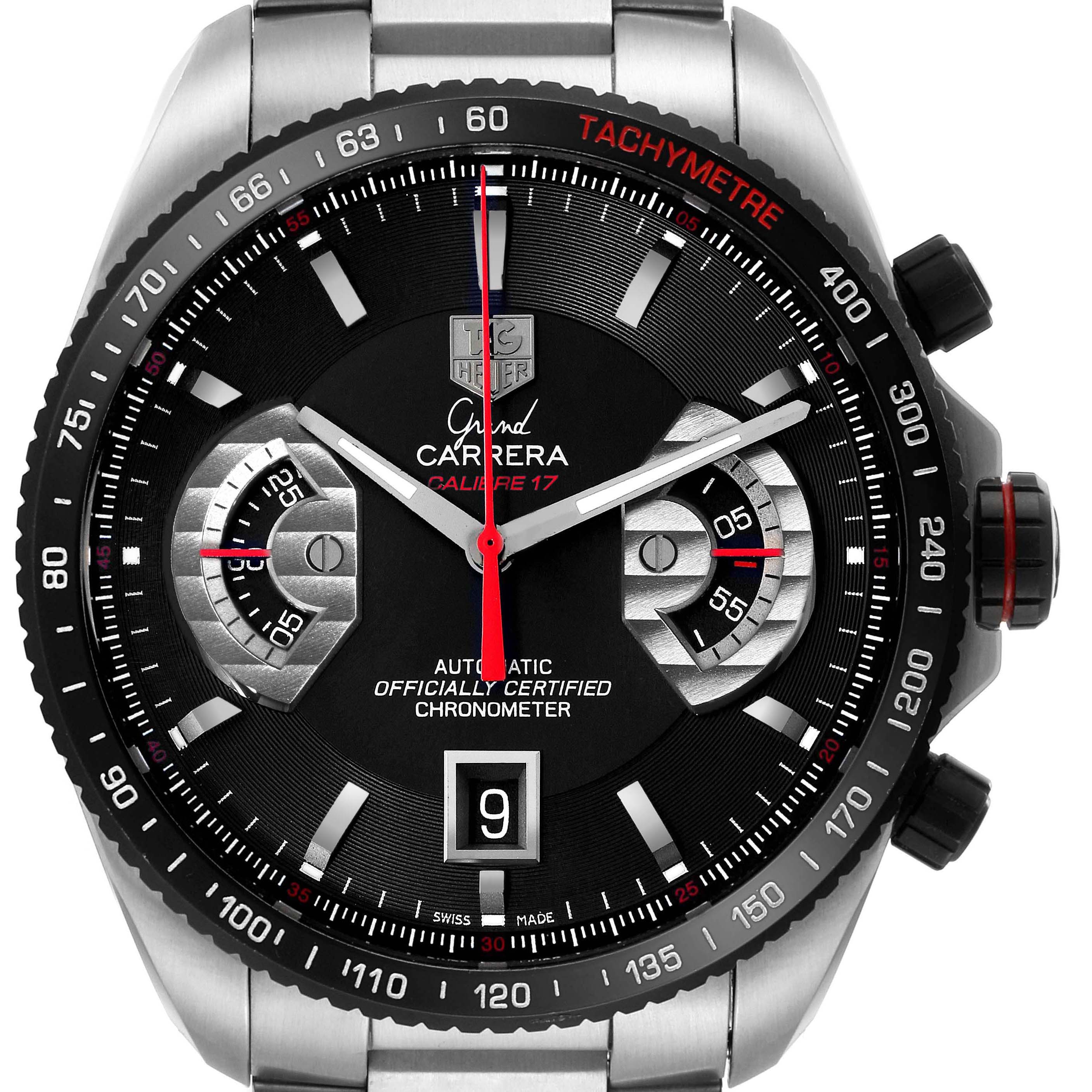 The image shows a close-up view of the Tag Heuer Carrera CAV511C.BA0904 Men's Stainless Steel Black Dial CAV511C.BA0904 Men's Stainless Steel Black Dial watch face, including the bezel, chronograph subdials, and date window.