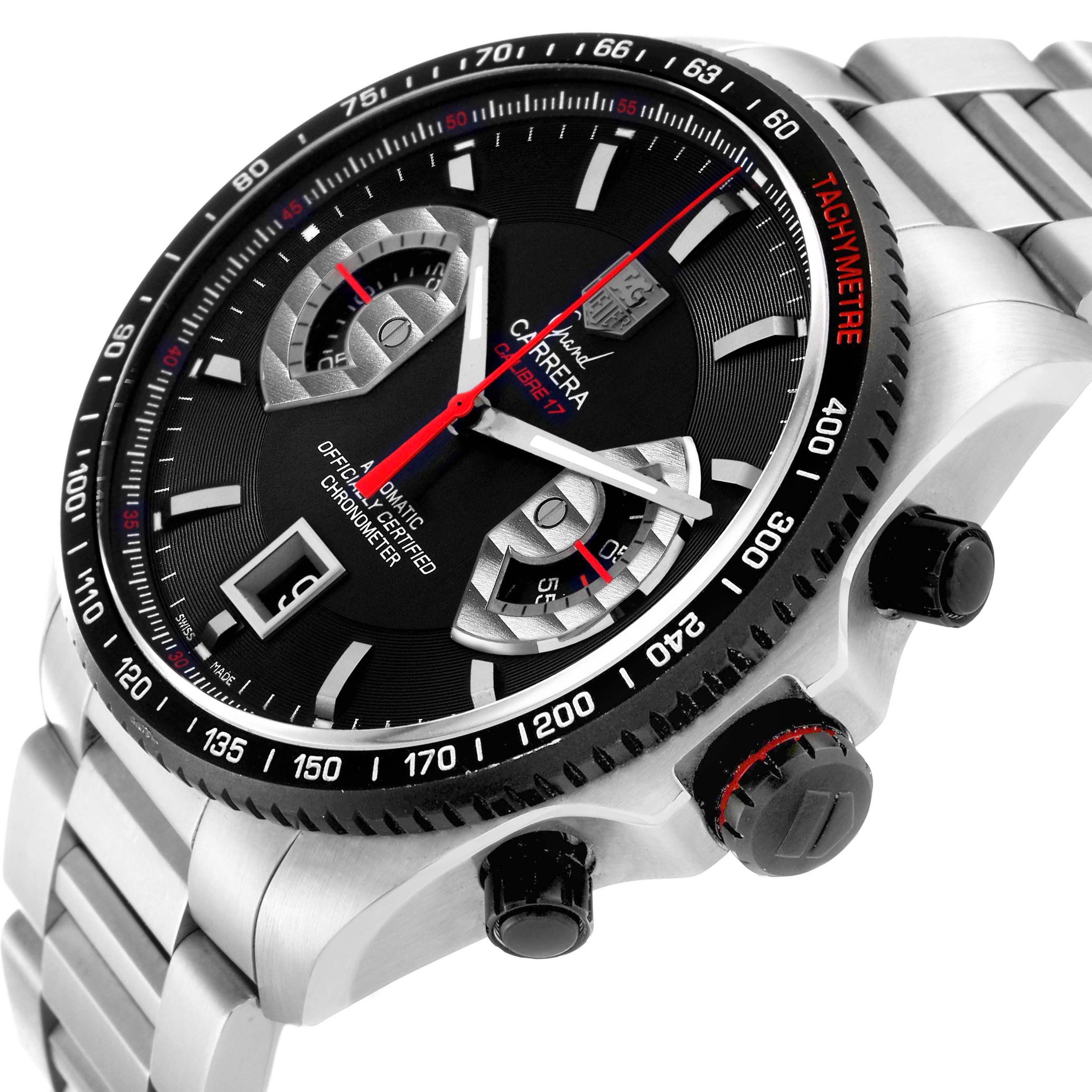 The image shows a Carrera model by TAG Heuer from an angled perspective, highlighting the dial, bezel, and side buttons.