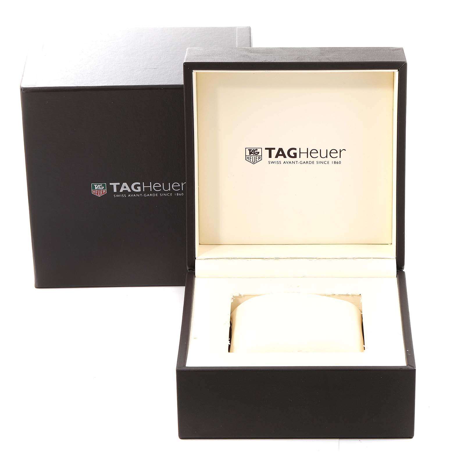 The image shows the opened box and outer packaging for a Tag Heuer Carrera CAV511C.BA0904 Men's Stainless Steel Black Dial CAV511C.BA0904 Men's Stainless Steel Black Dial watch, without the watch inside.