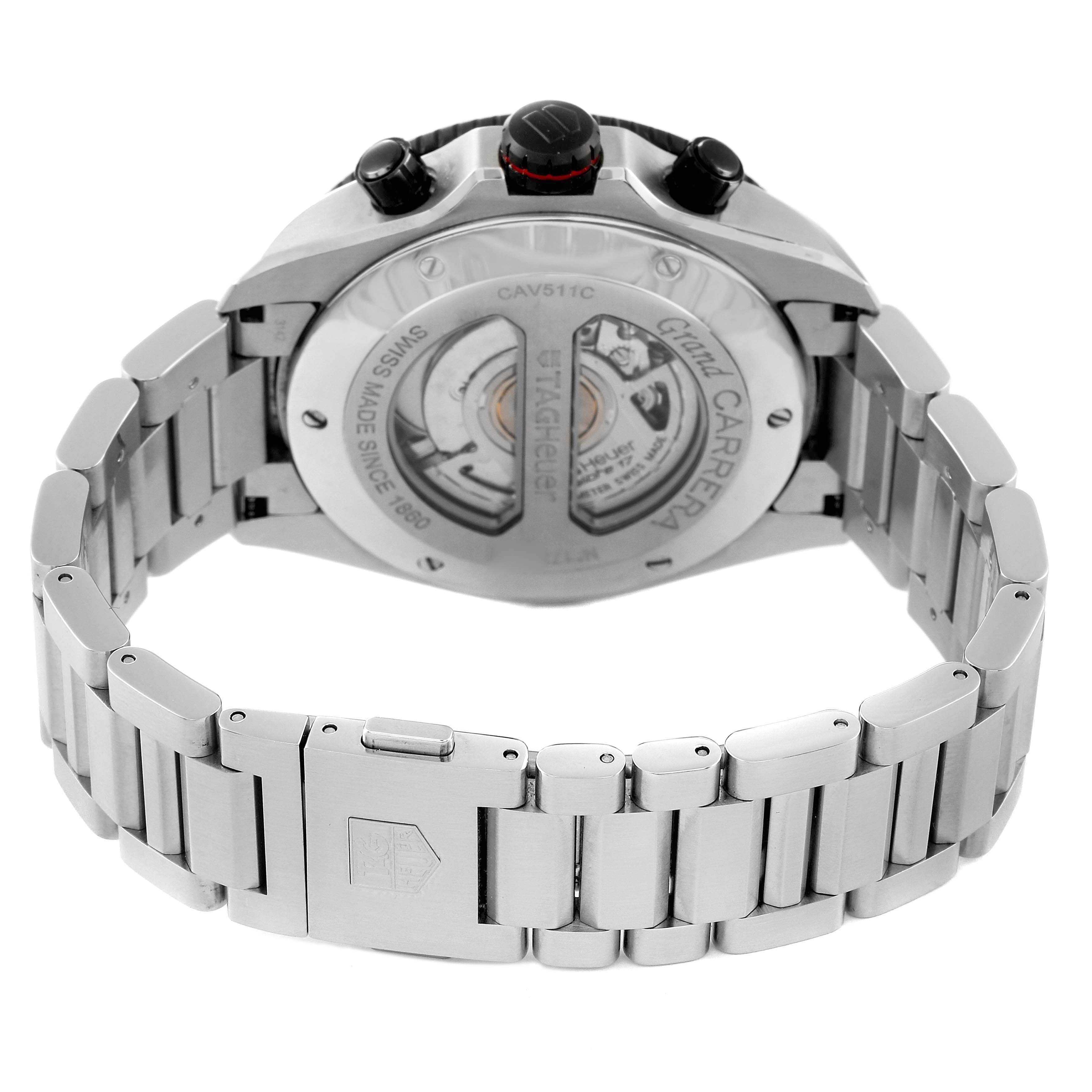 This image shows the back view of a Tag Heuer Carrera CAV511C.BA0904 Men's Stainless Steel Black Dial CAV511C.BA0904 Men's Stainless Steel Black Dial watch, highlighting its stainless steel bracelet and transparent case back showing the mechanism.