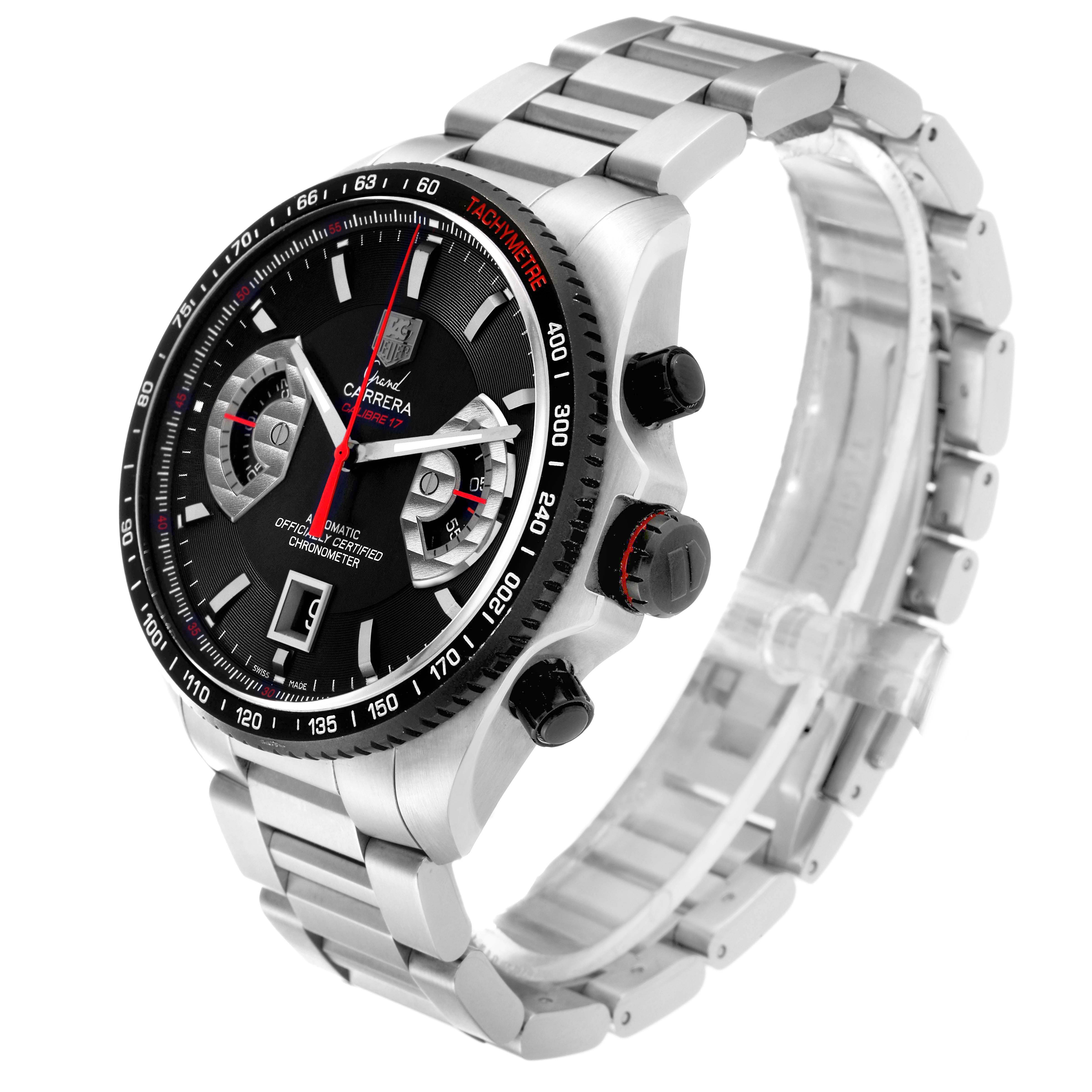 The image shows a Tag Heuer Carrera CAV511C.BA0904 Men's Stainless Steel Black Dial CAV511C.BA0904 Men's Stainless Steel Black Dial watch angled to reveal the face, crown, pushers, and metal bracelet.