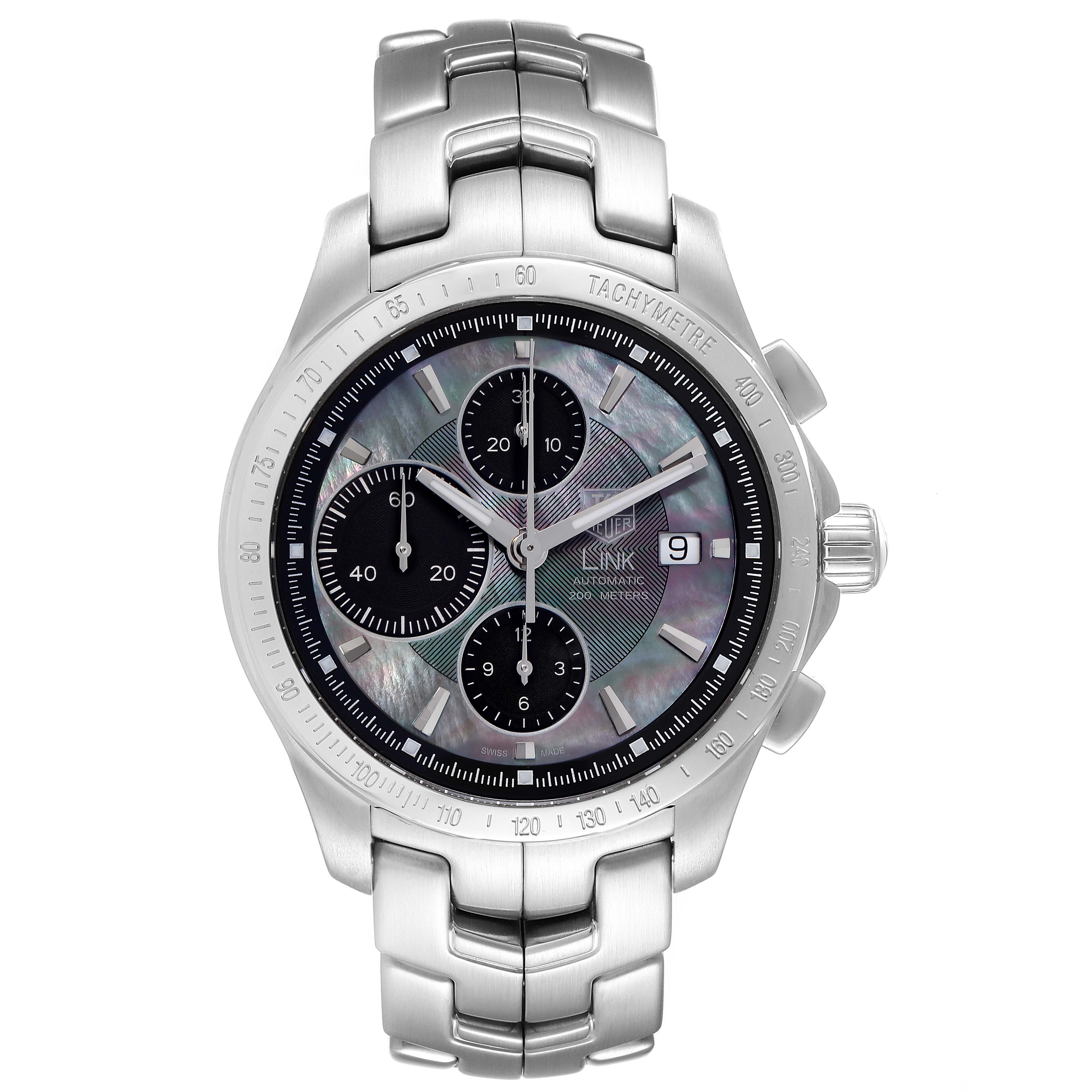 This image shows a front view of the Tag Heuer Link watch, including the face, bezel, and part of the bracelet.