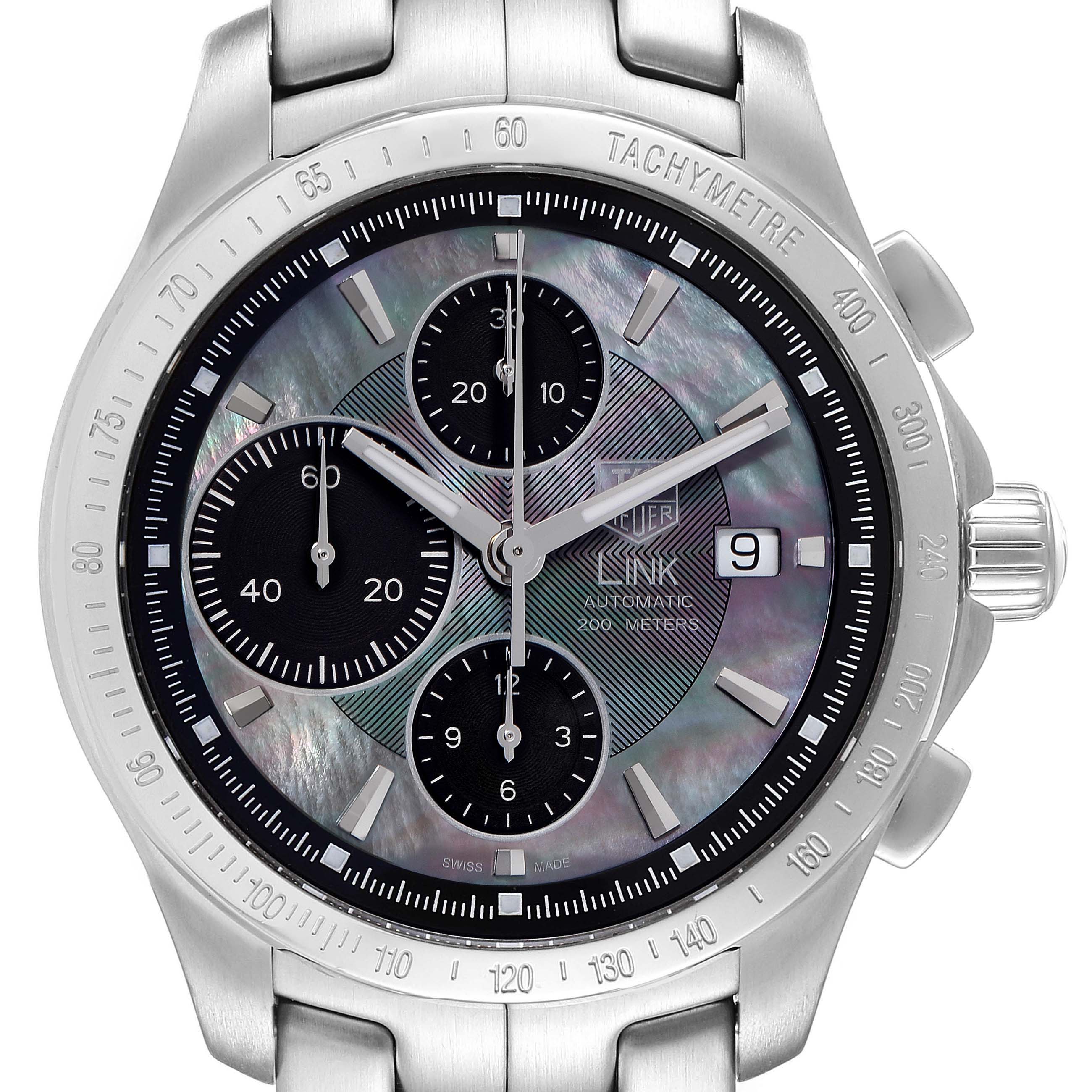 The image shows a frontal view of the Tag Heuer Limited Edition CJF211M.BA0598 Men's Stainless Steel Mother of Pearl Dial CJF211M.BA0598 Men's Stainless Steel Mother of Pearl Dial Link watch, featuring its dial, chronograph subdials, and bracelet.