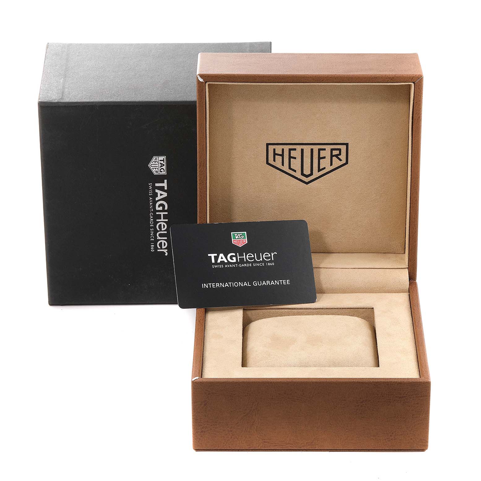 The image shows a Tag Heuer Link model watch box with an international guarantee card and an outer black box.