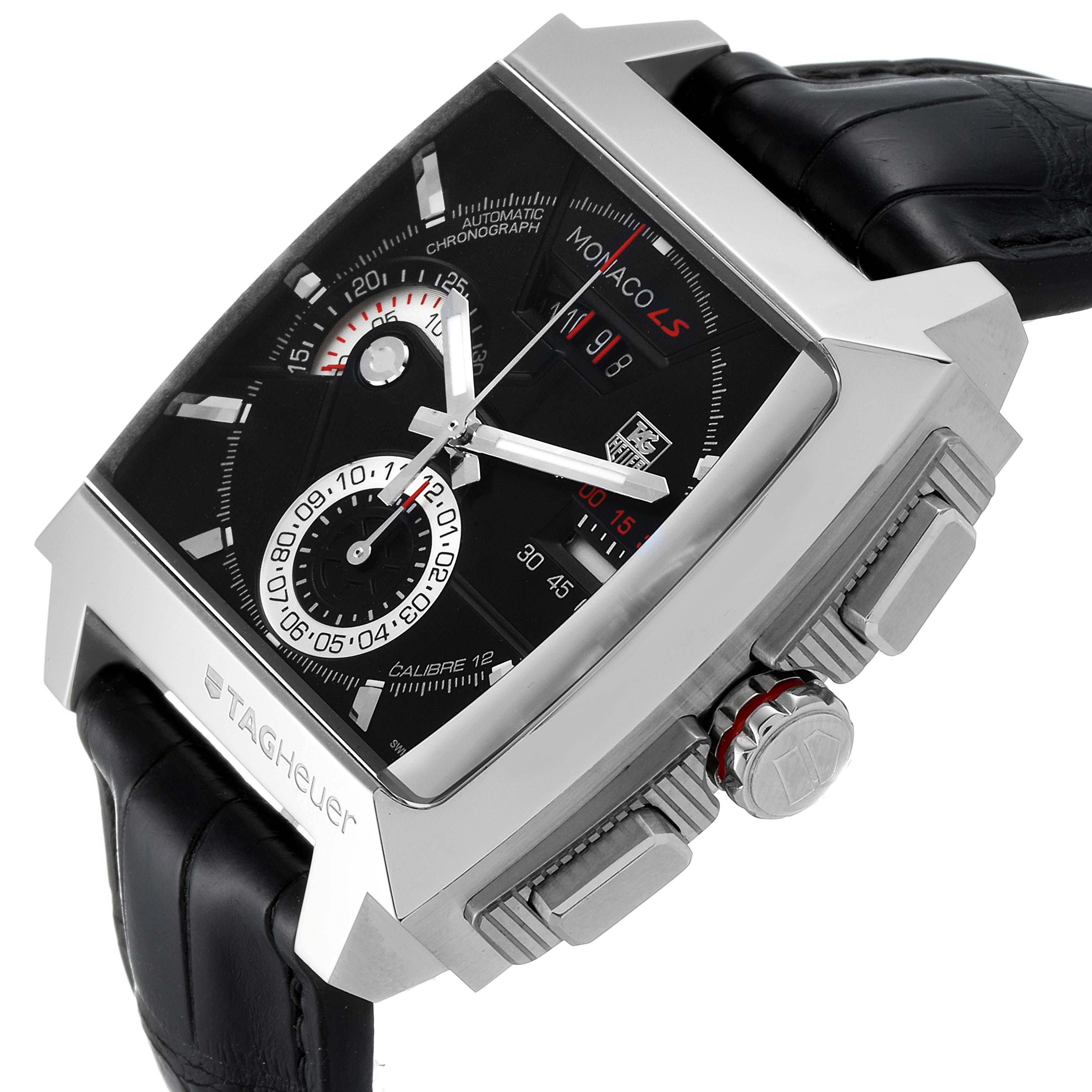 The Tag Heuer Monaco CAL2110.FC6257 Men's Stainless Steel Black Dial CAL2110.FC6257 Men's Stainless Steel Black Dial watch is shown at a slight angle, revealing the face, crown, pushers, and part of the leather strap.