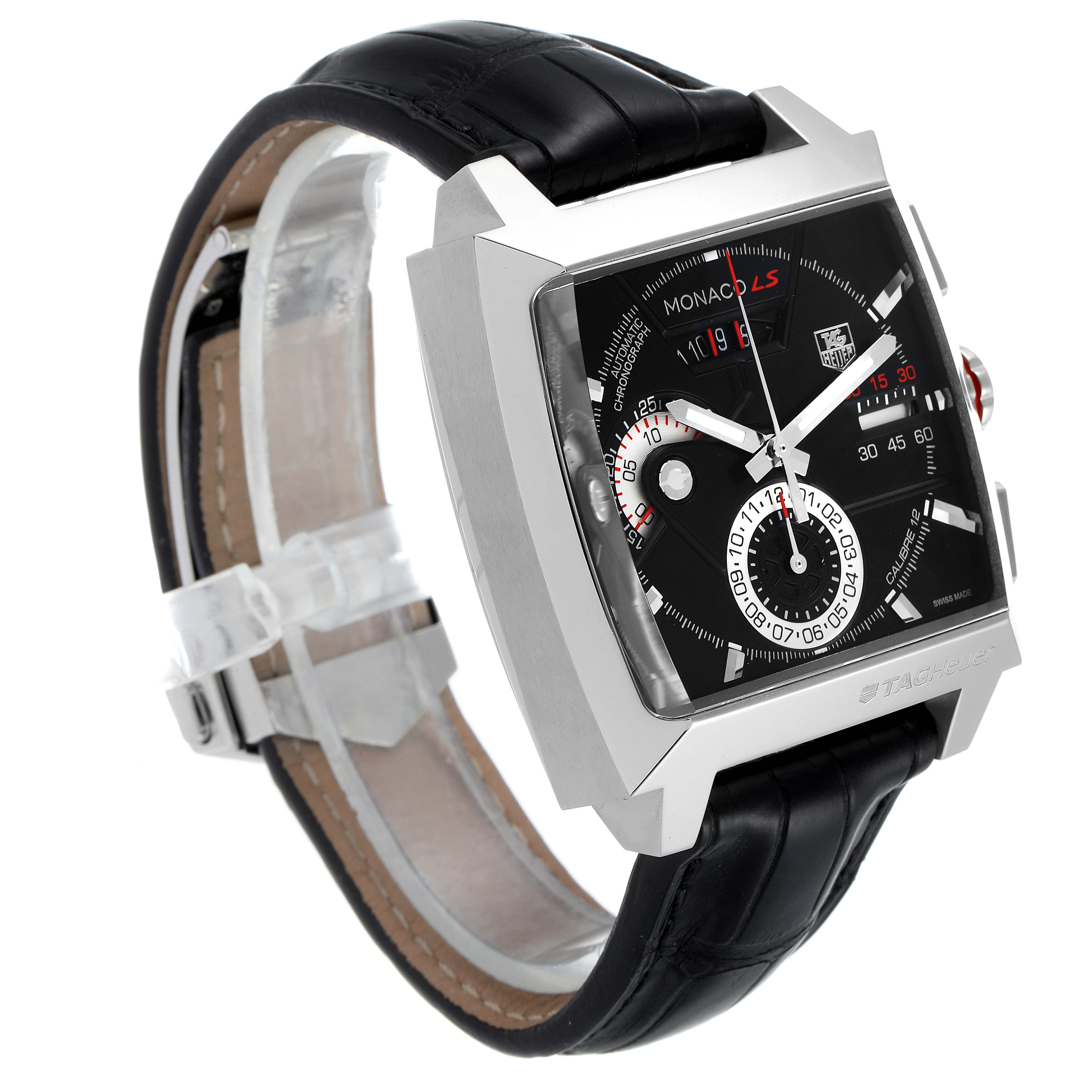 This image shows a side angle of the Tag Heuer Monaco CAL2110.FC6257 Men's Stainless Steel Black Dial CAL2110.FC6257 Men's Stainless Steel Black Dial watch, highlighting the square face, chronograph, and black leather strap.
