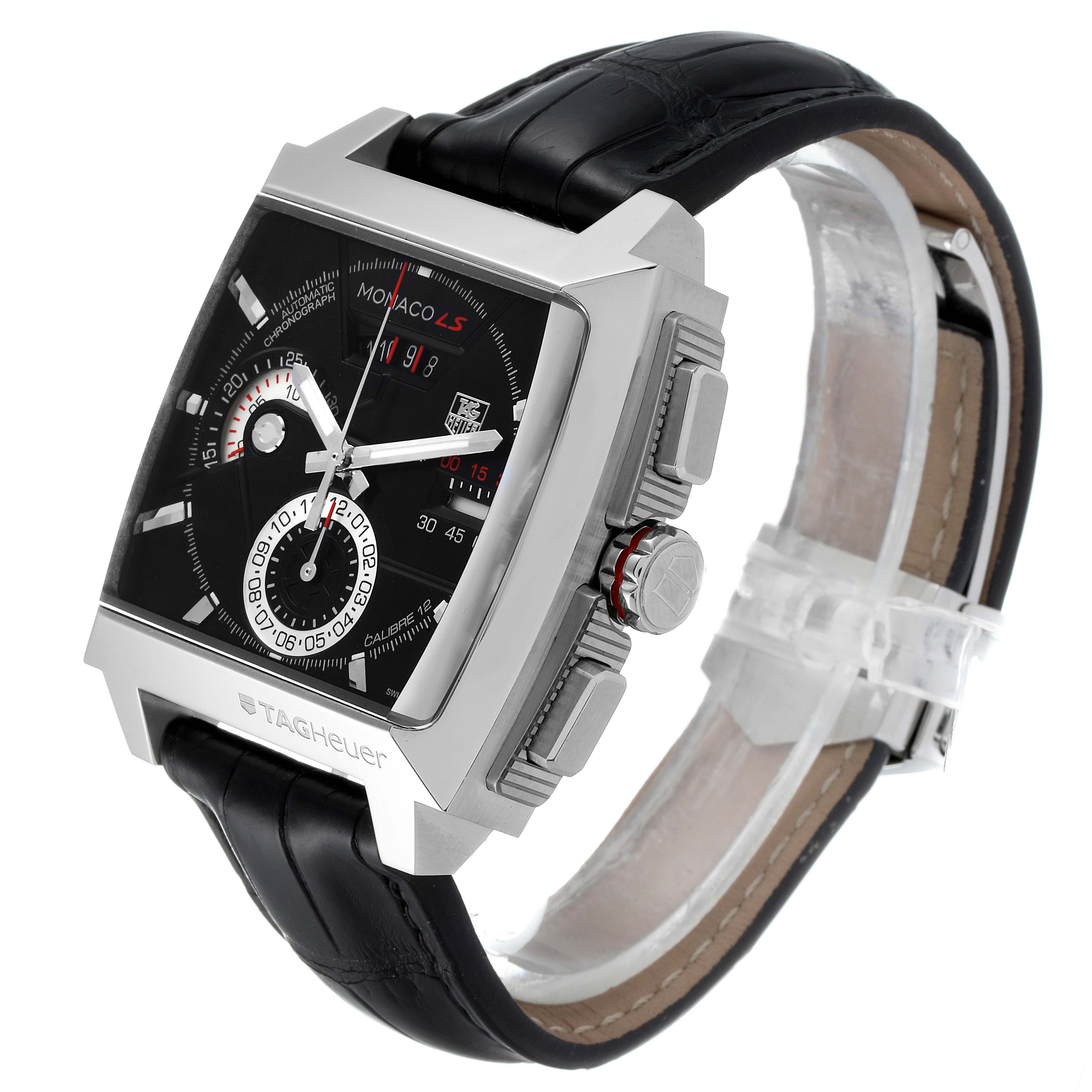 The Tag Heuer Monaco CAL2110.FC6257 Men's Stainless Steel Black Dial CAL2110.FC6257 Men's Stainless Steel Black Dial watch is shown at a three-quarter angle, displaying the face, case, crown, push-buttons, and black leather strap.