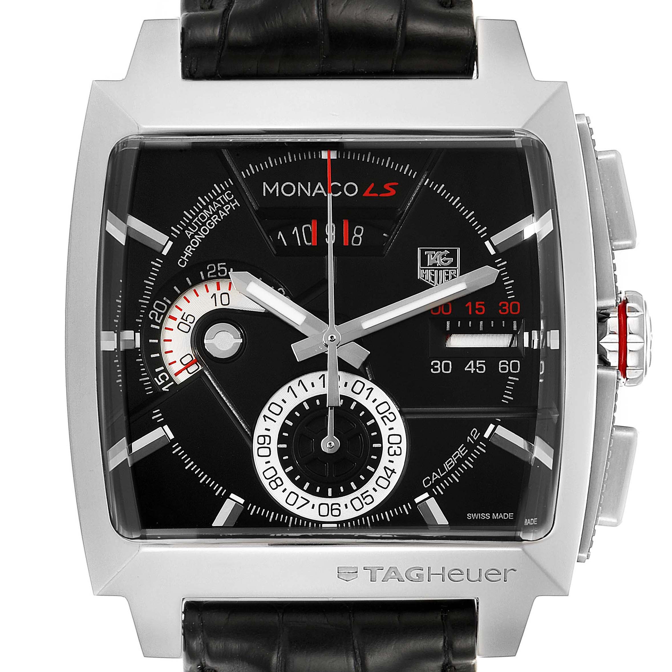 The image shows a frontal view of the Tag Heuer Monaco CAL2110.FC6257 Men's Stainless Steel Black Dial CAL2110.FC6257 Men's Stainless Steel Black Dial model watch, displaying its square dial, hands, sub-dials, and brand logo.