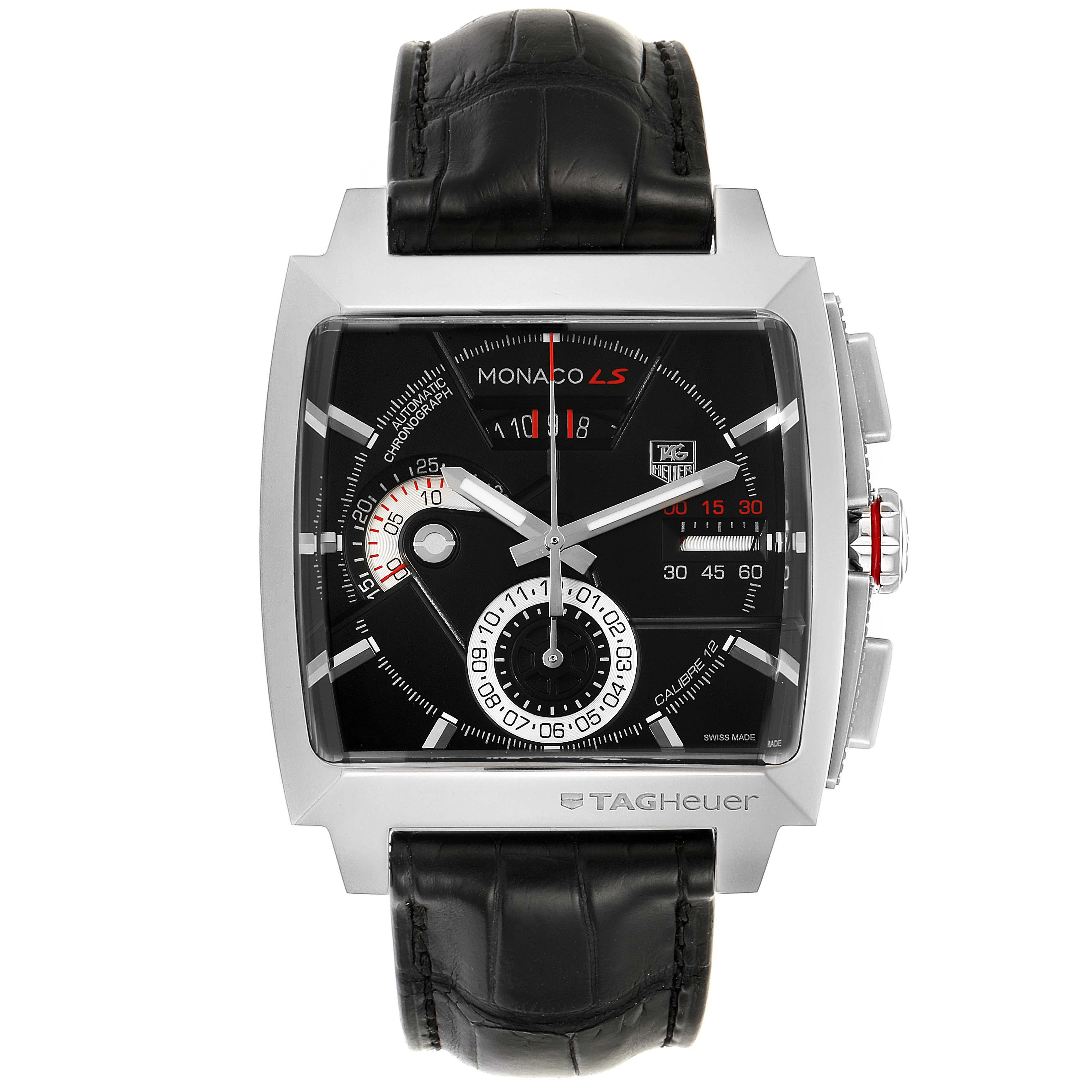 This image shows a frontal view of the Tag Heuer Monaco CAL2110.FC6257 Men's Stainless Steel Black Dial CAL2110.FC6257 Men's Stainless Steel Black Dial watch featuring a black dial, subdials, and a black leather strap.