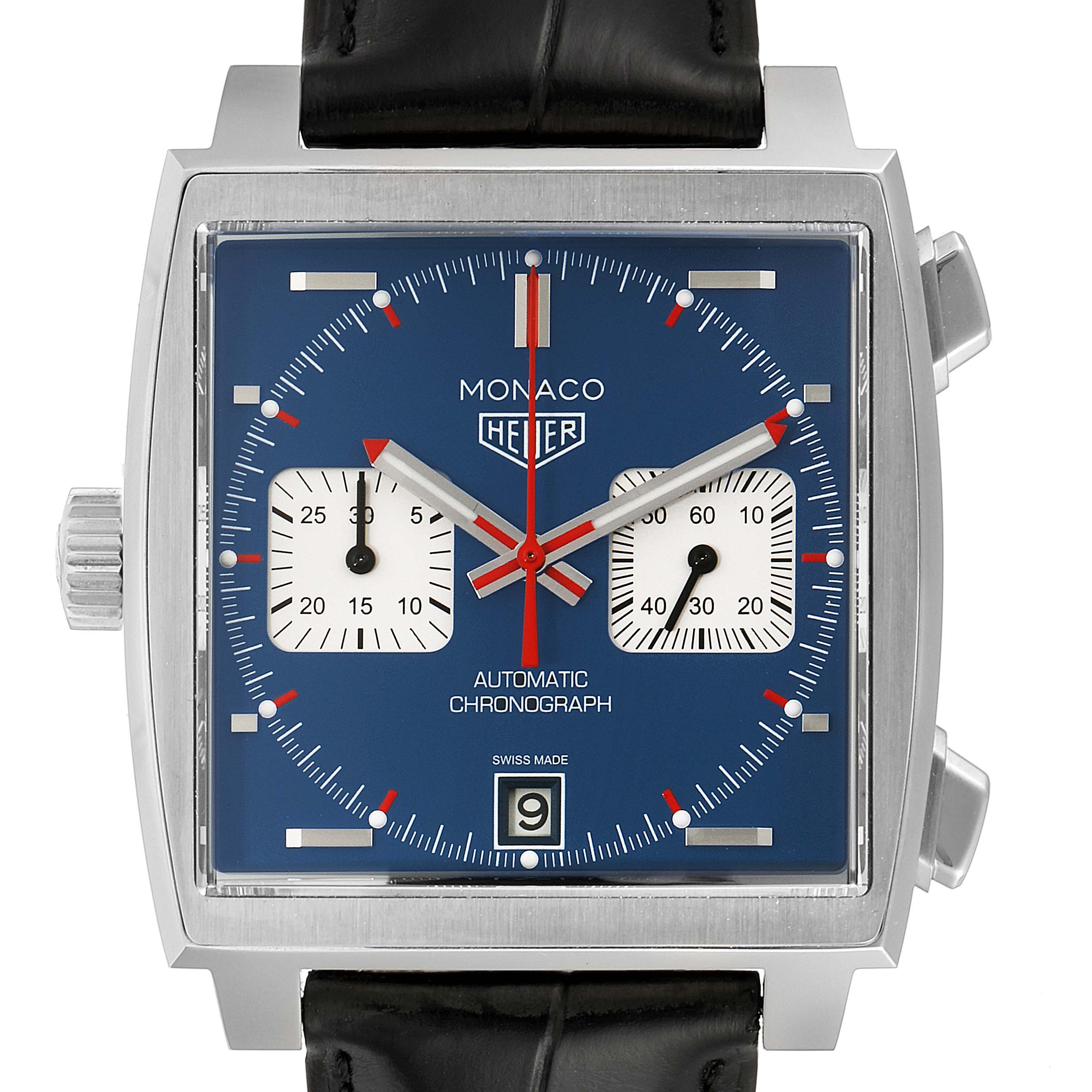 The image shows a front view of a Monaco model by Tag Heuer, highlighting its square face, blue dial, and chronograph features.