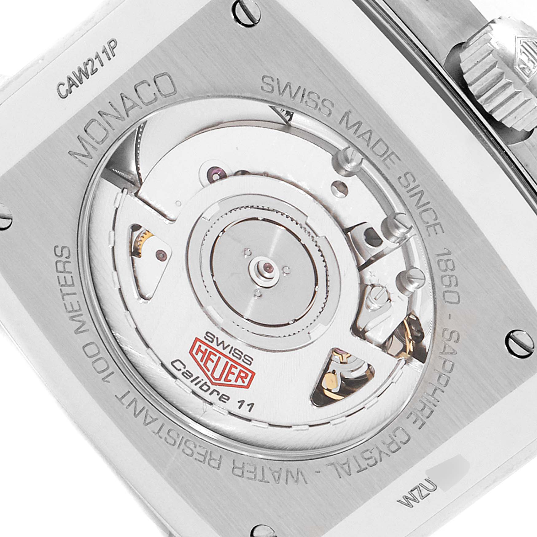 This image shows the back of the Tag Heuer Monaco CAW211P Men's Stainless Steel Blue Dial CAW211P Men's Stainless Steel Blue Dial watch, highlighting the Calibre 11 movement and surrounding engravings.