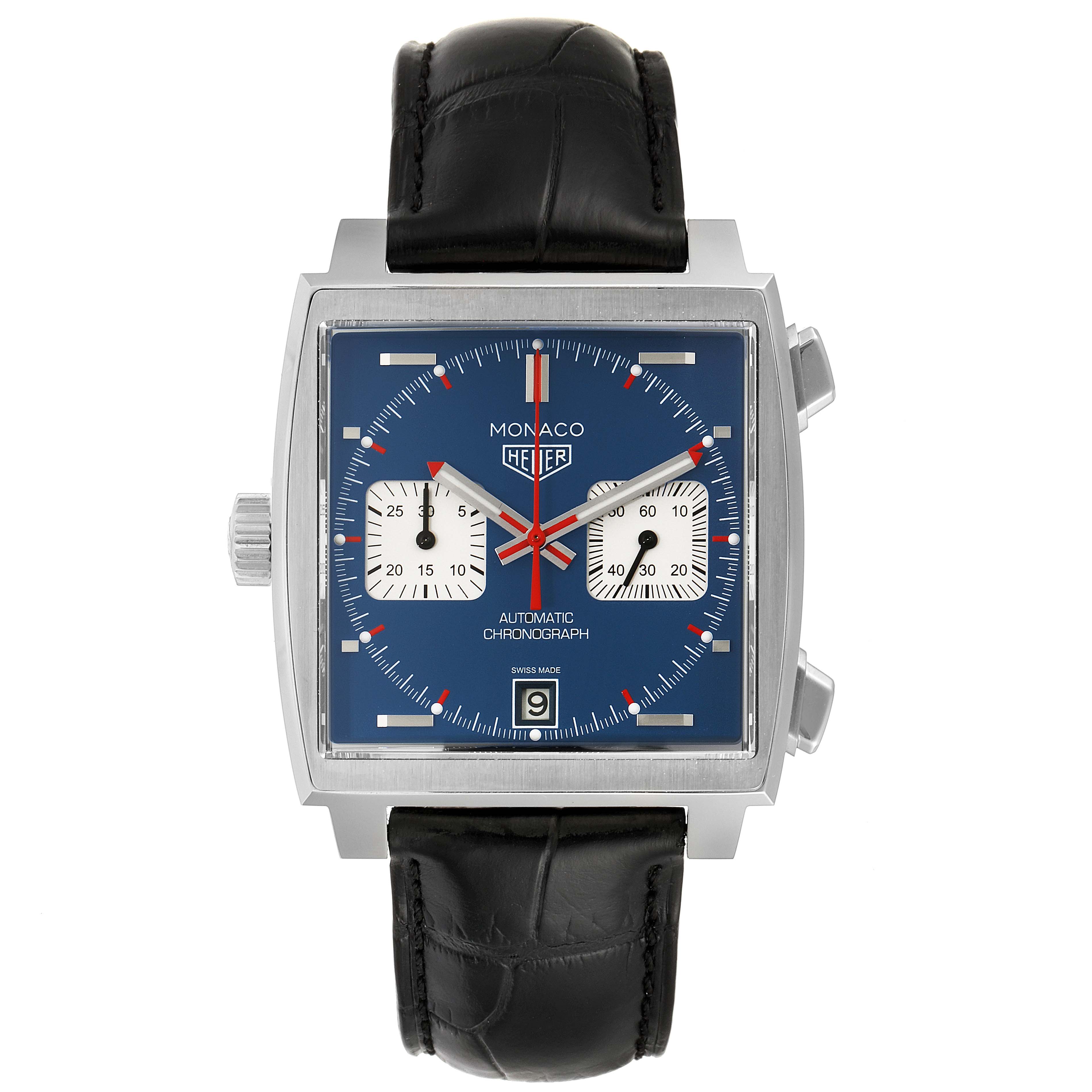 The image shows a front view of the Tag Heuer Monaco CAW211P Men's Stainless Steel Blue Dial CAW211P Men's Stainless Steel Blue Dial watch, displaying the square dial, chronograph subdials, and leather strap.