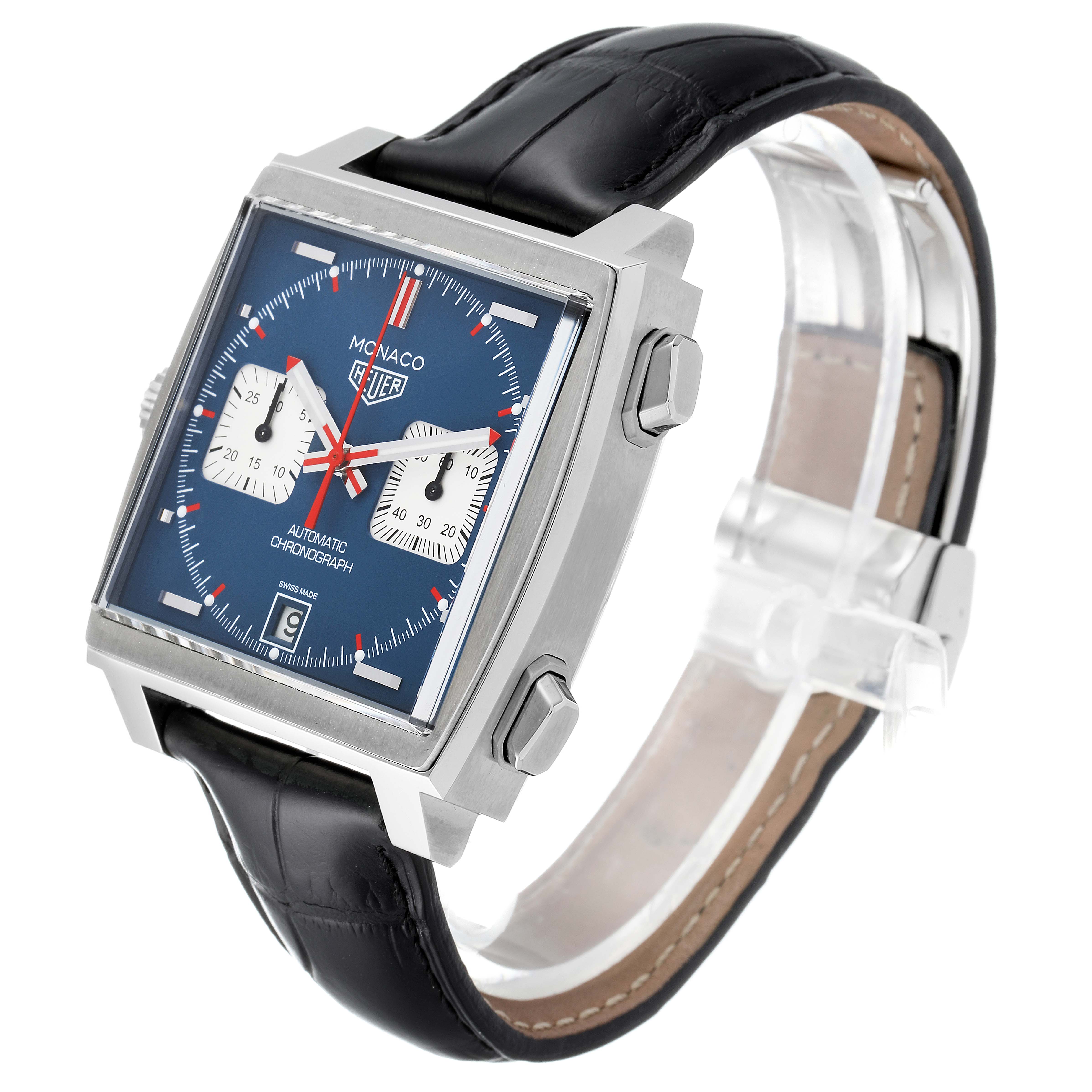 This image shows a Tag Heuer Monaco CAW211P Men's Stainless Steel Blue Dial CAW211P Men's Stainless Steel Blue Dial watch at a front-right angle, featuring its square face and black leather strap.