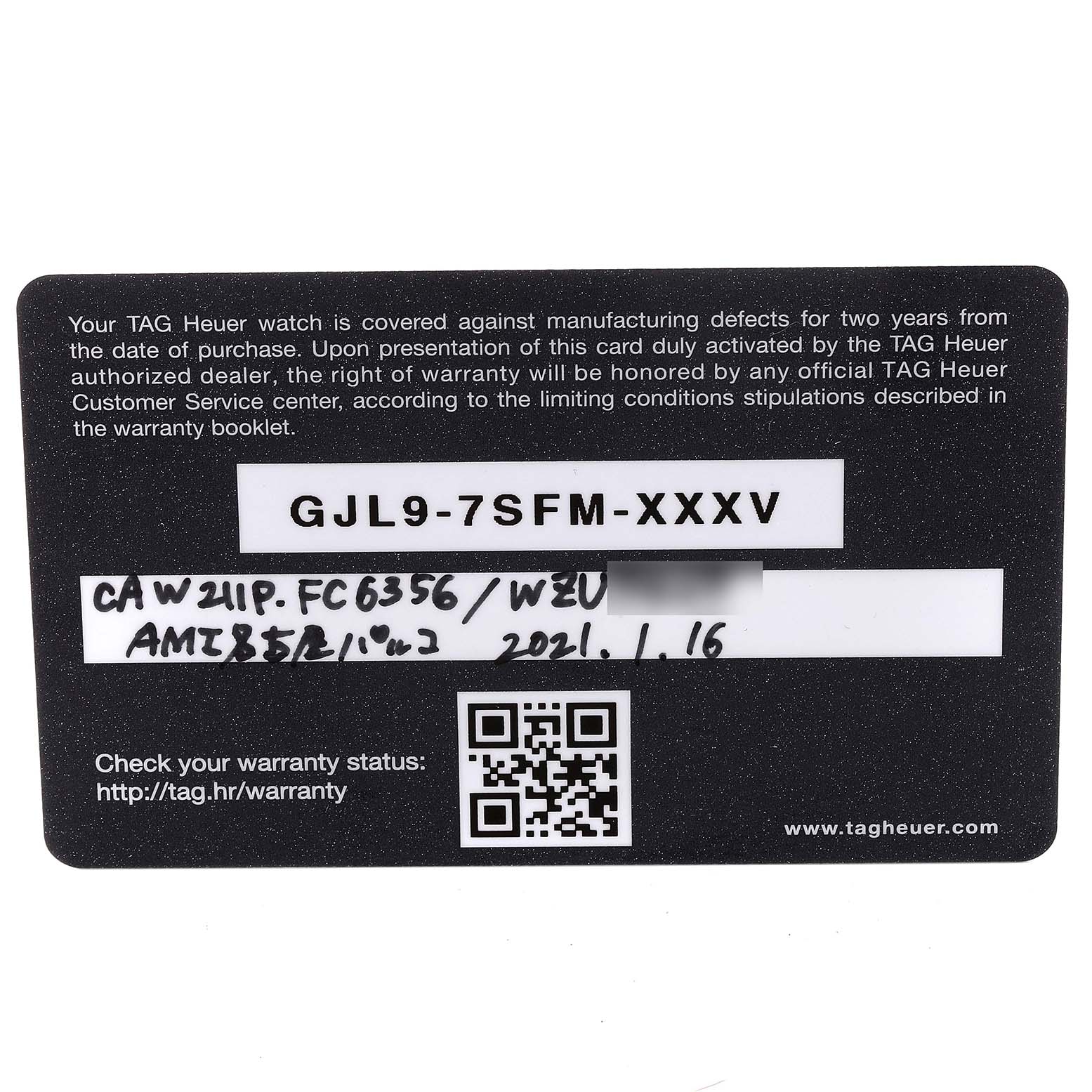 The image shows the warranty card for the Monaco model by Tag Heuer, with handwritten details and a QR code.