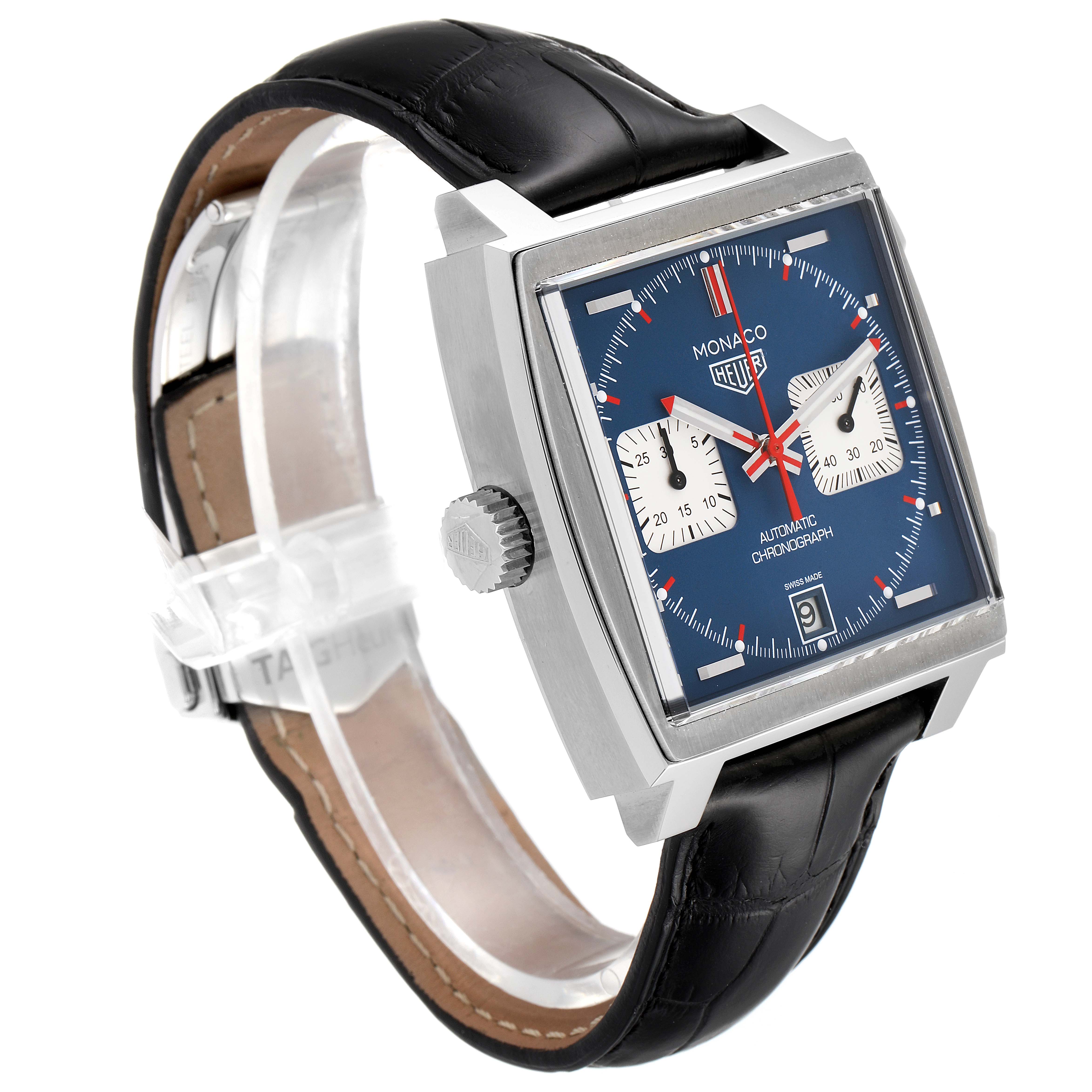 The Tag Heuer Monaco CAW211P Men's Stainless Steel Blue Dial CAW211P Men's Stainless Steel Blue Dial watch is shown at an angled view, highlighting the square face, chronograph dials, and the black leather strap.