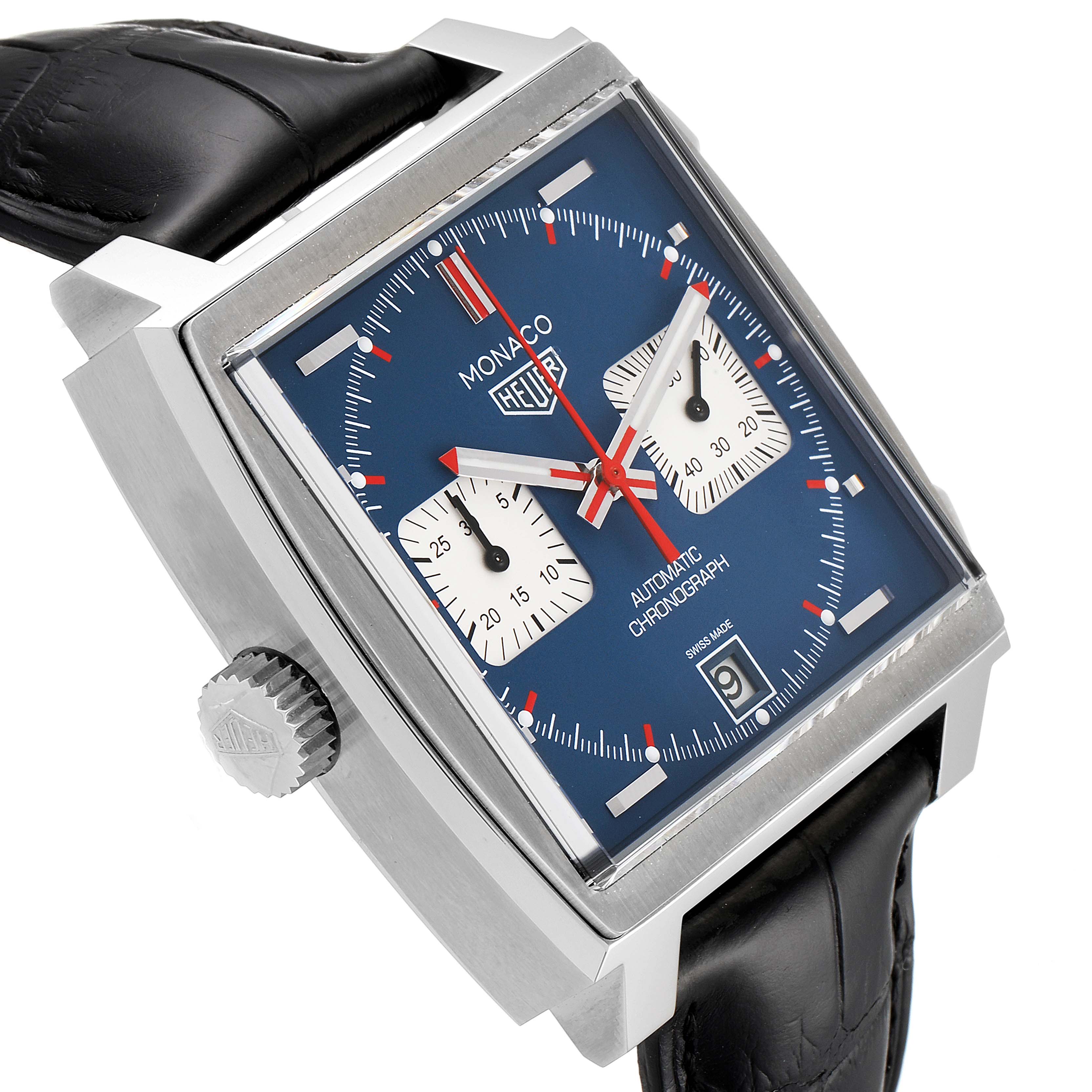 The image shows a side angle of the Tag Heuer Monaco CAW211P Men's Stainless Steel Blue Dial CAW211P Men's Stainless Steel Blue Dial watch, highlighting its square case, dial, crown, and leather strap.