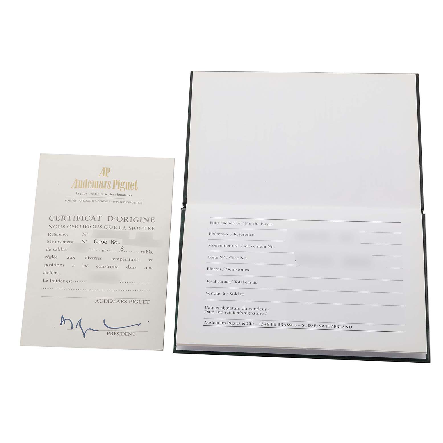 The image shows the certificate of origin and warranty booklet for the Audemars Piguet Royal Oak 56303SA Men's Steel and Gold (two tone) Grey Dial 56303SA Men's Steel and Gold (two tone) Grey Dial watch.