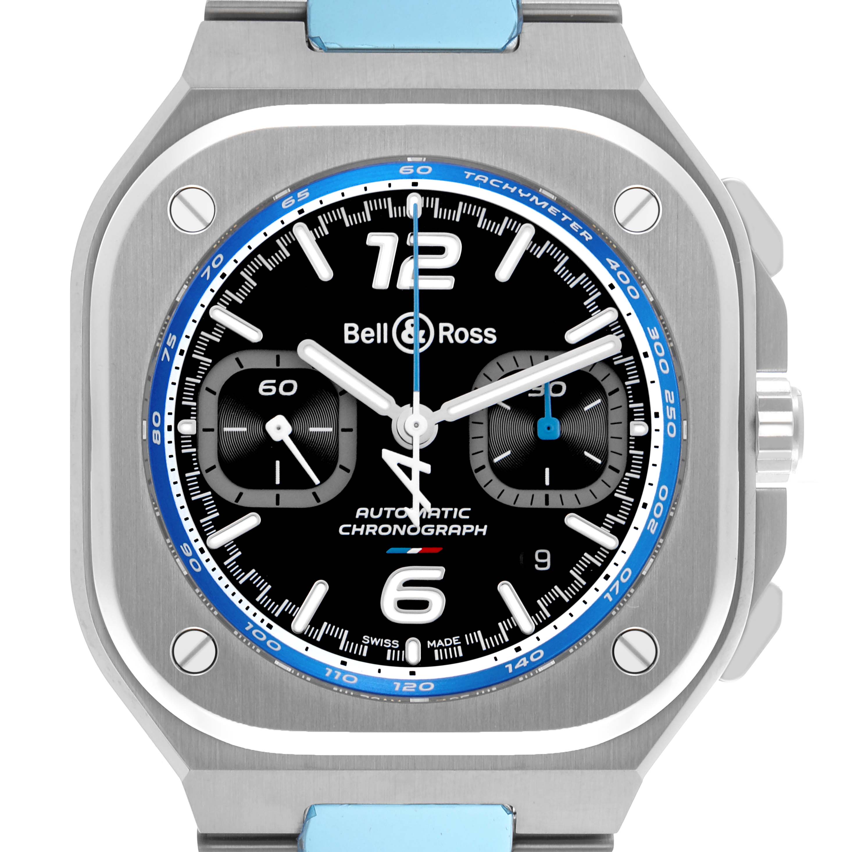 The Bell & Ross Urban BR05C-A523-ST Men's Stainless Steel Black Dial BR05C-A523-ST Men's Stainless Steel Black Dial model watch is shown from a front view, highlighting its square case, dial, and tachymeter bezel.