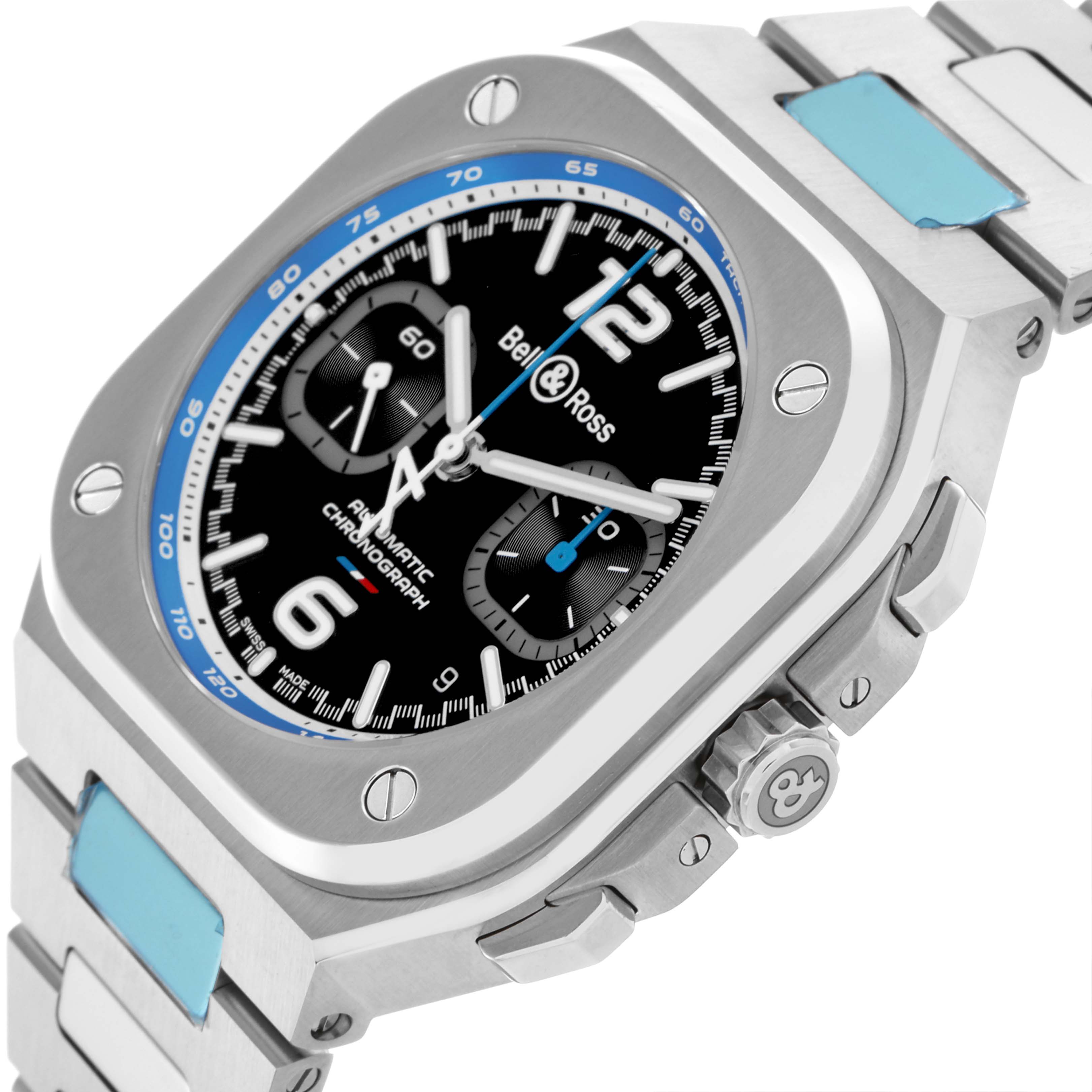 The Bell & Ross Urban BR05C-A523-ST Men's Stainless Steel Black Dial BR05C-A523-ST Men's Stainless Steel Black Dial watch is shown at a slight angle, displaying its face, bezel, crown, and part of its bracelet.