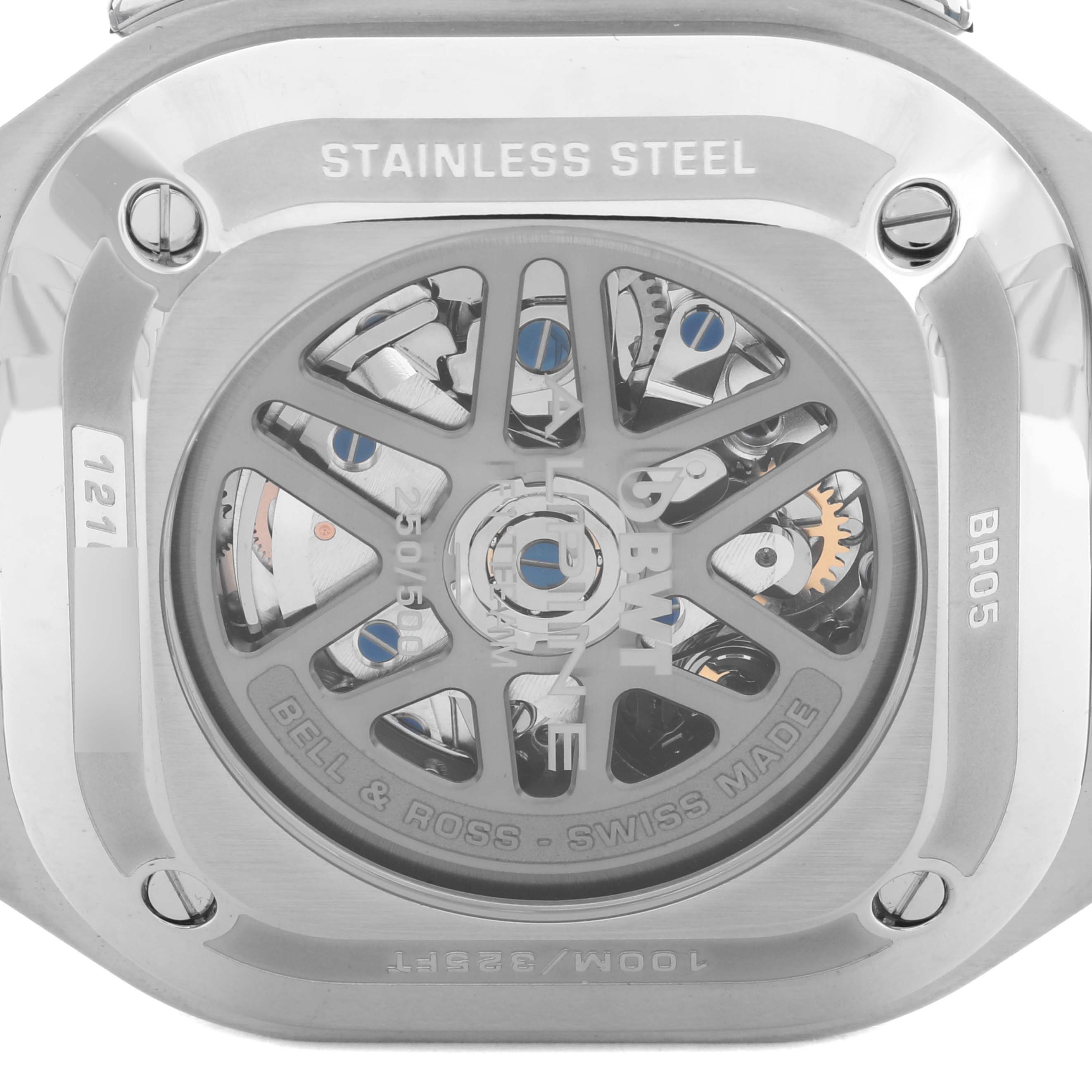 The image shows the back view of a Bell & Ross Urban BR05C-A523-ST Men's Stainless Steel Black Dial BR05C-A523-ST Men's Stainless Steel Black Dial model watch, highlighting the stainless steel case and movement details.