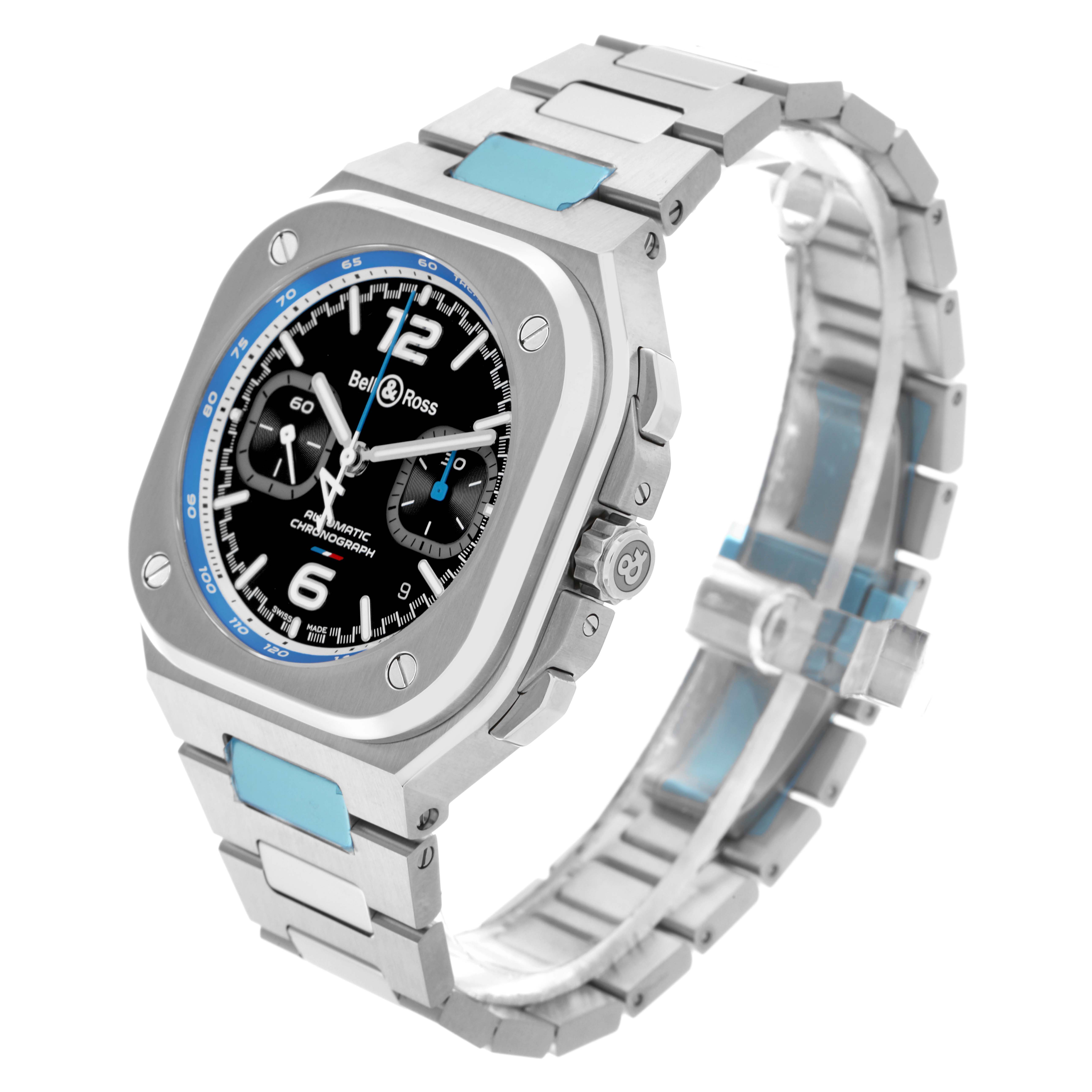 The Bell & Ross Urban BR05C-A523-ST Men's Stainless Steel Black Dial BR05C-A523-ST Men's Stainless Steel Black Dial model is shown at a three-quarter angle, displaying the face, case, and bracelet.