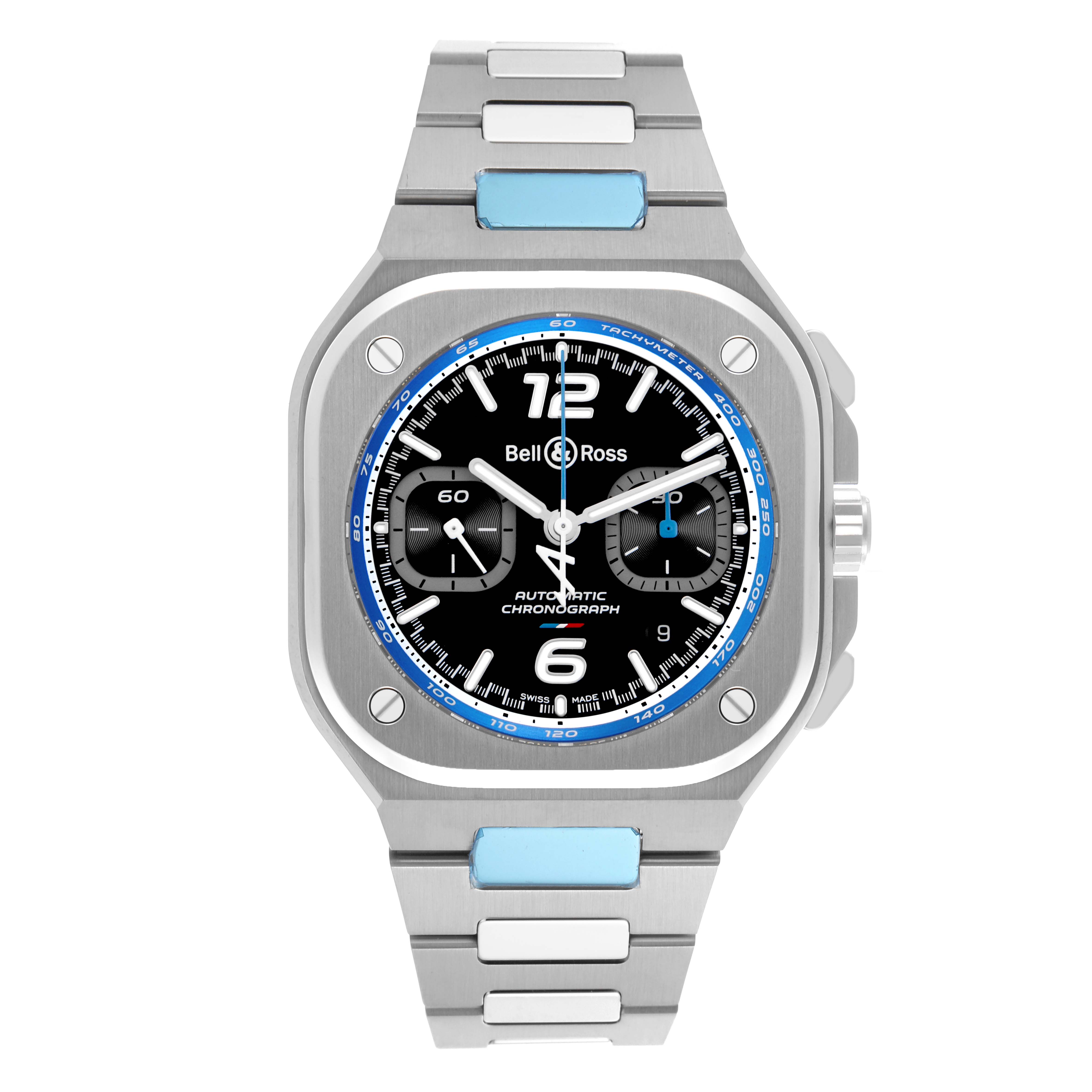 The Bell & Ross Urban BR05C-A523-ST Men's Stainless Steel Black Dial BR05C-A523-ST Men's Stainless Steel Black Dial watch is shown from the front, displaying the face, case, and part of the bracelet.