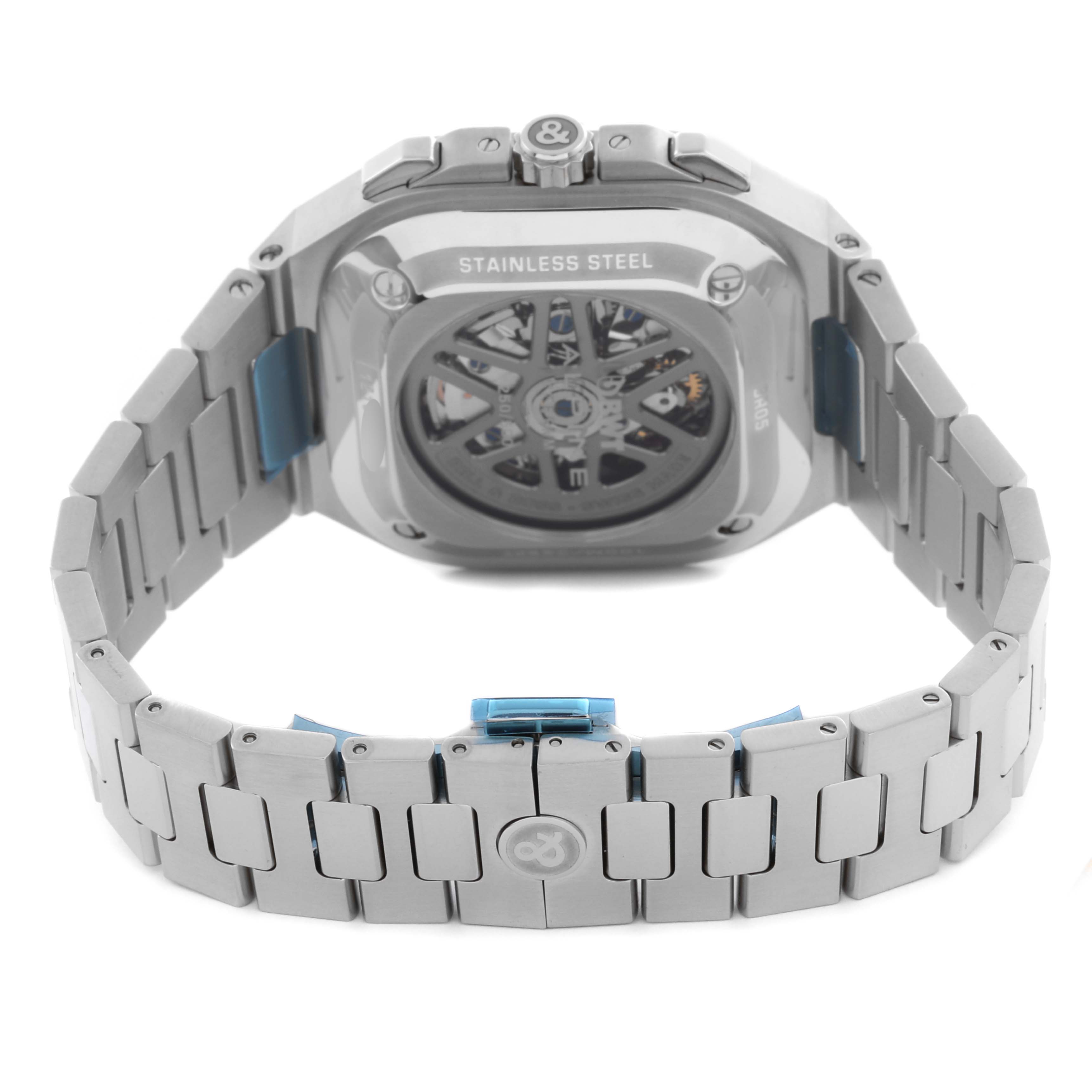 The image shows the back view of the Bell & Ross Urban BR05C-A523-ST Men's Stainless Steel Black Dial BR05C-A523-ST Men's Stainless Steel Black Dial model watch, highlighting its stainless steel case and bracelet.