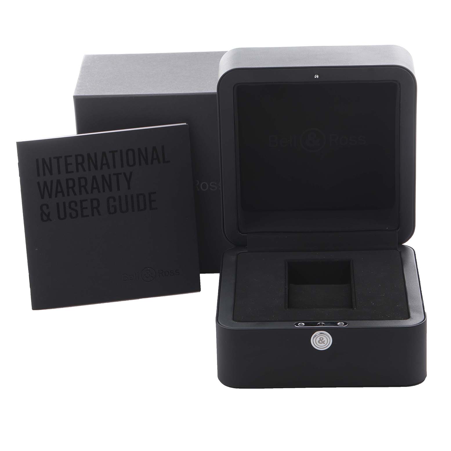 The image shows the packaging and accessories for the Bell & Ross Urban BR05C-A523-ST Men's Stainless Steel Black Dial BR05C-A523-ST Men's Stainless Steel Black Dial model, featuring a box and warranty guide.