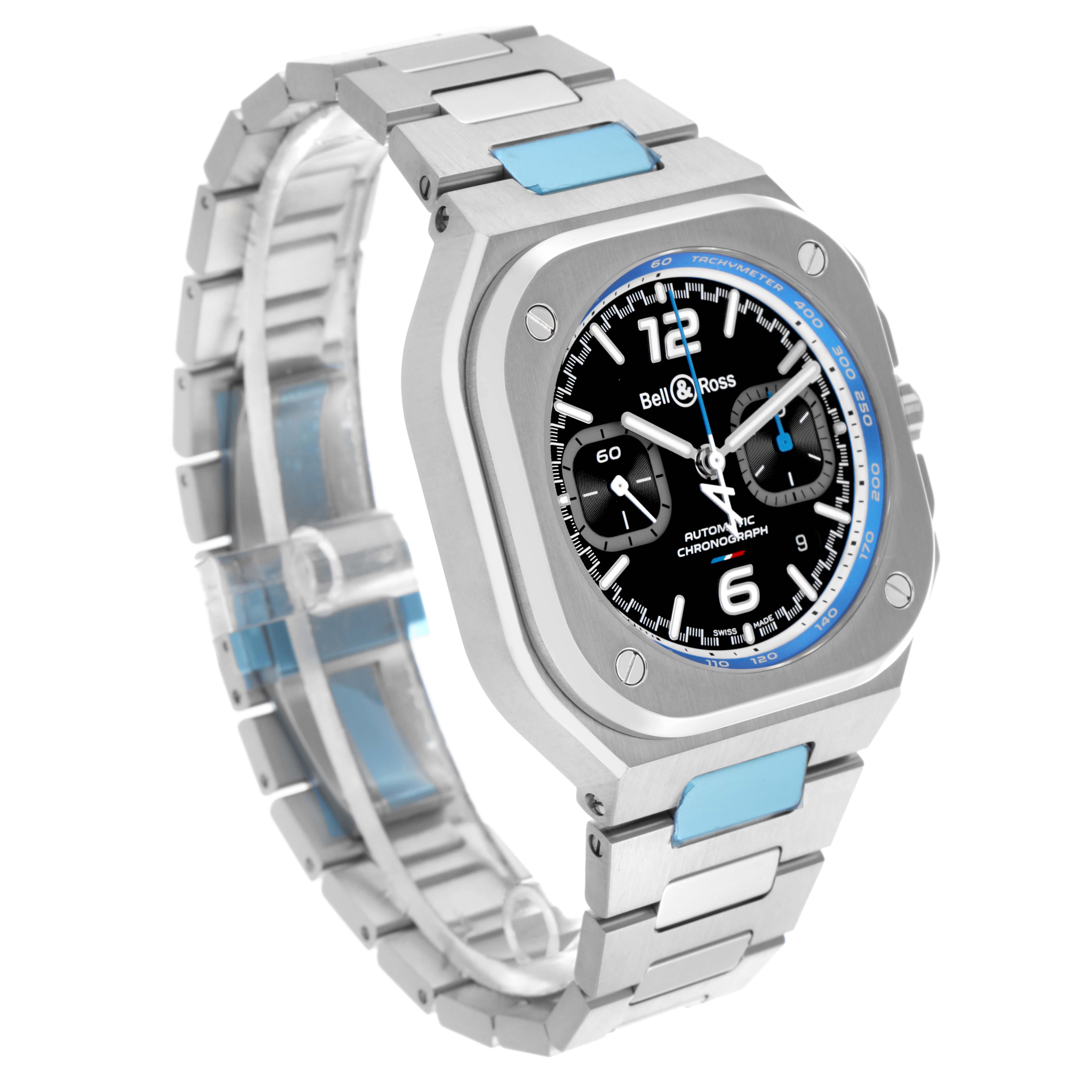 The Bell & Ross Urban BR05C-A523-ST Men's Stainless Steel Black Dial BR05C-A523-ST Men's Stainless Steel Black Dial model watch is shown at a three-quarter angle, highlighting the dial, bezel, and bracelet.